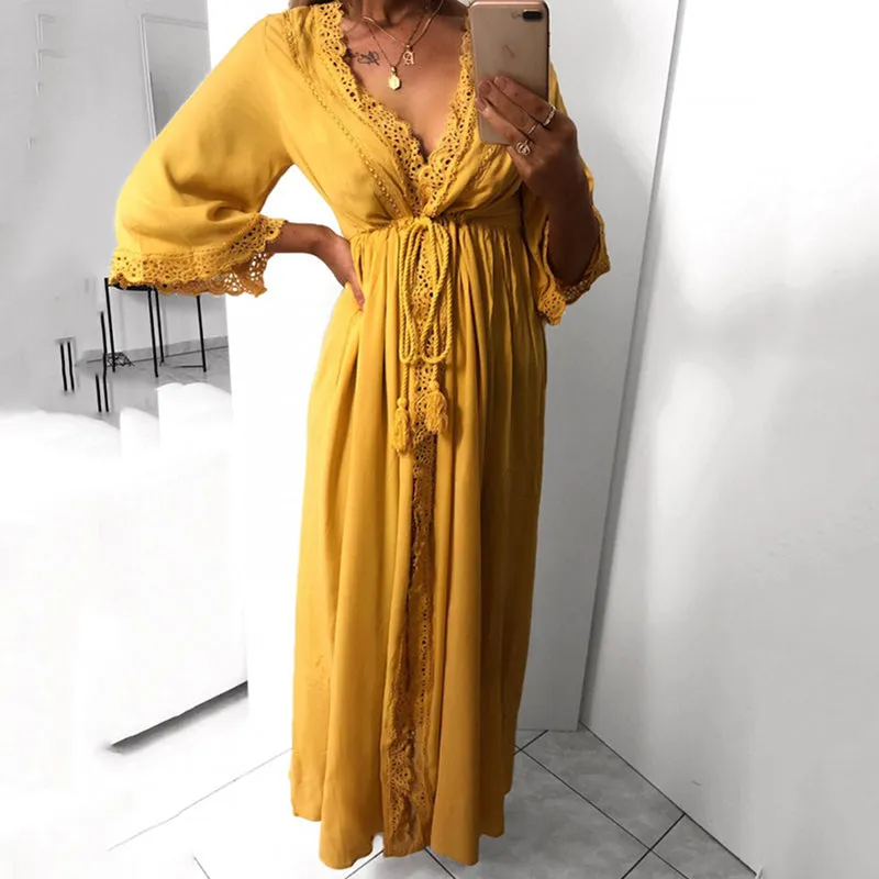 Long Maxi Dress / Cardigan. Khaki or Mustard Yellow