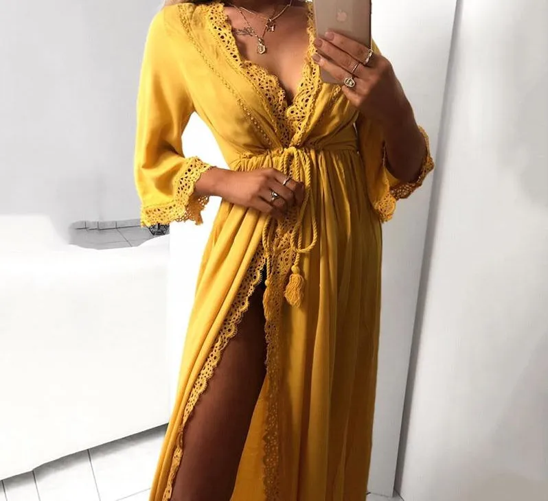 Long Maxi Dress / Cardigan. Khaki or Mustard Yellow