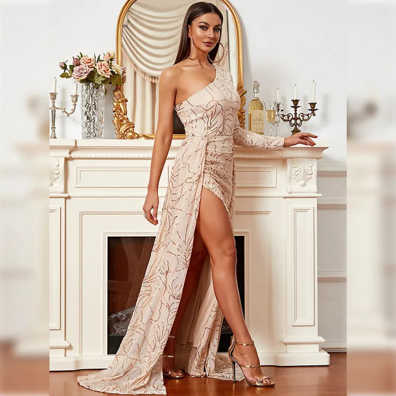 Long Sleeve One Shoulder Evening Dress