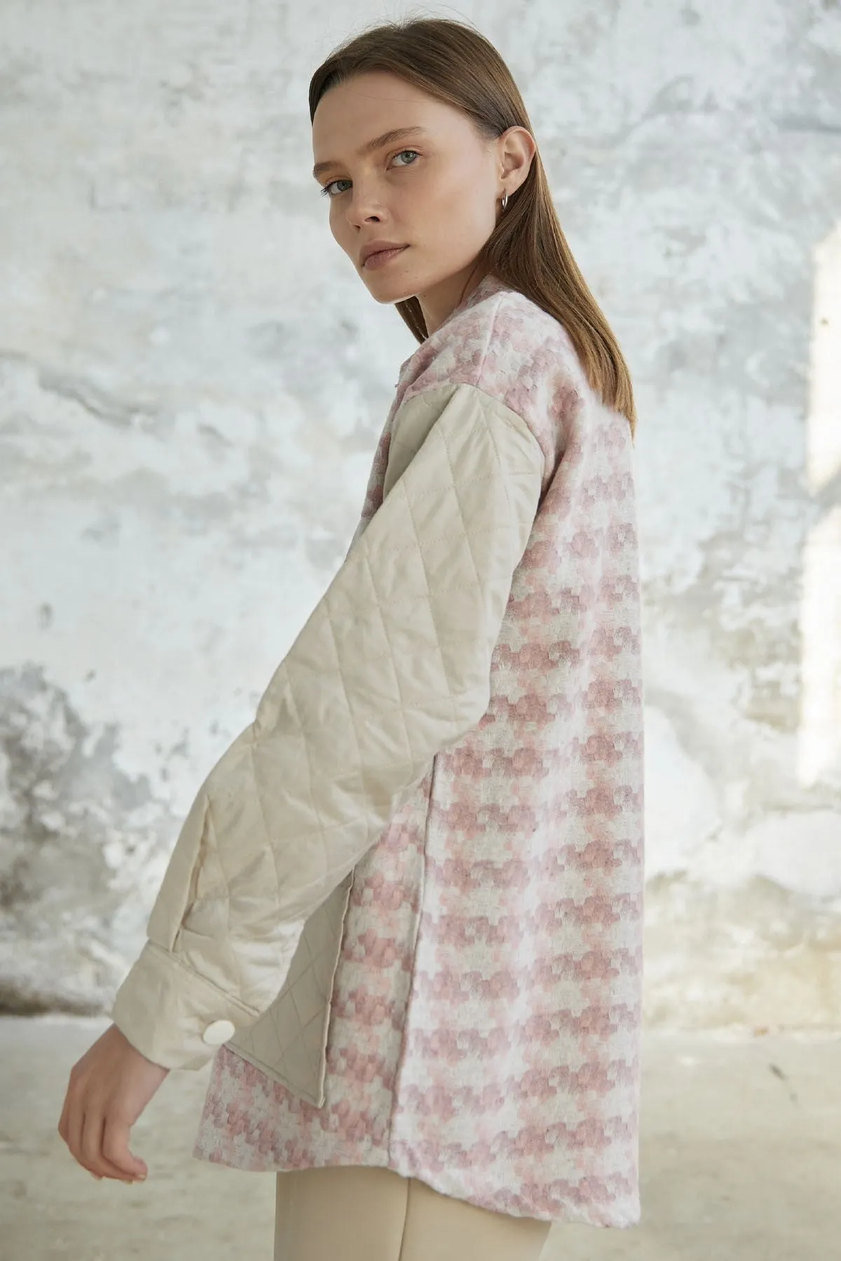 MDS Women Herringbone Pattern Quilted Jacket - Powder - Akron