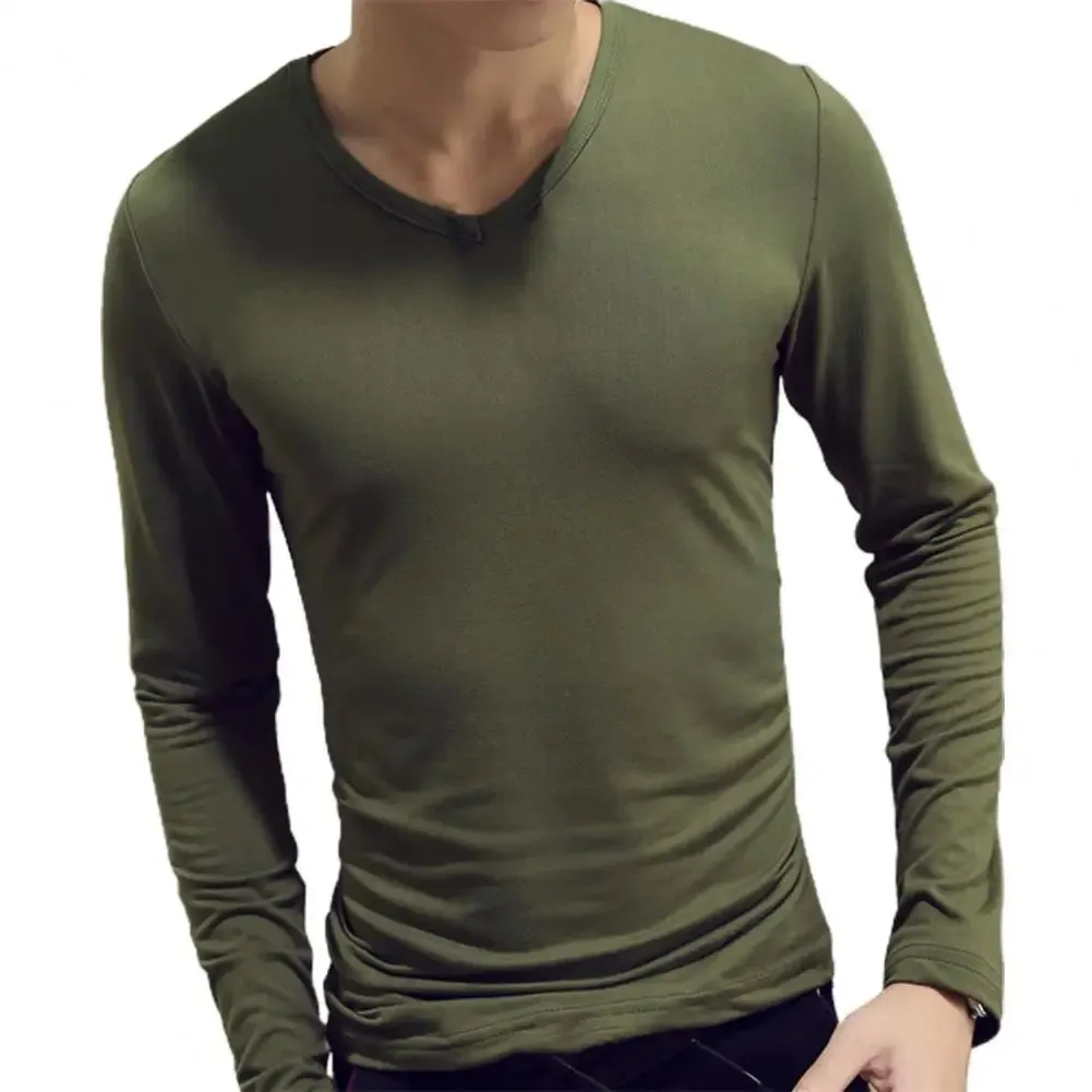 Men's Sports Gym Long Sleeve Slim Fit V-Neck T-Shirt – Solid Color Casual Fitness Base Shirt for Autumn & Winter