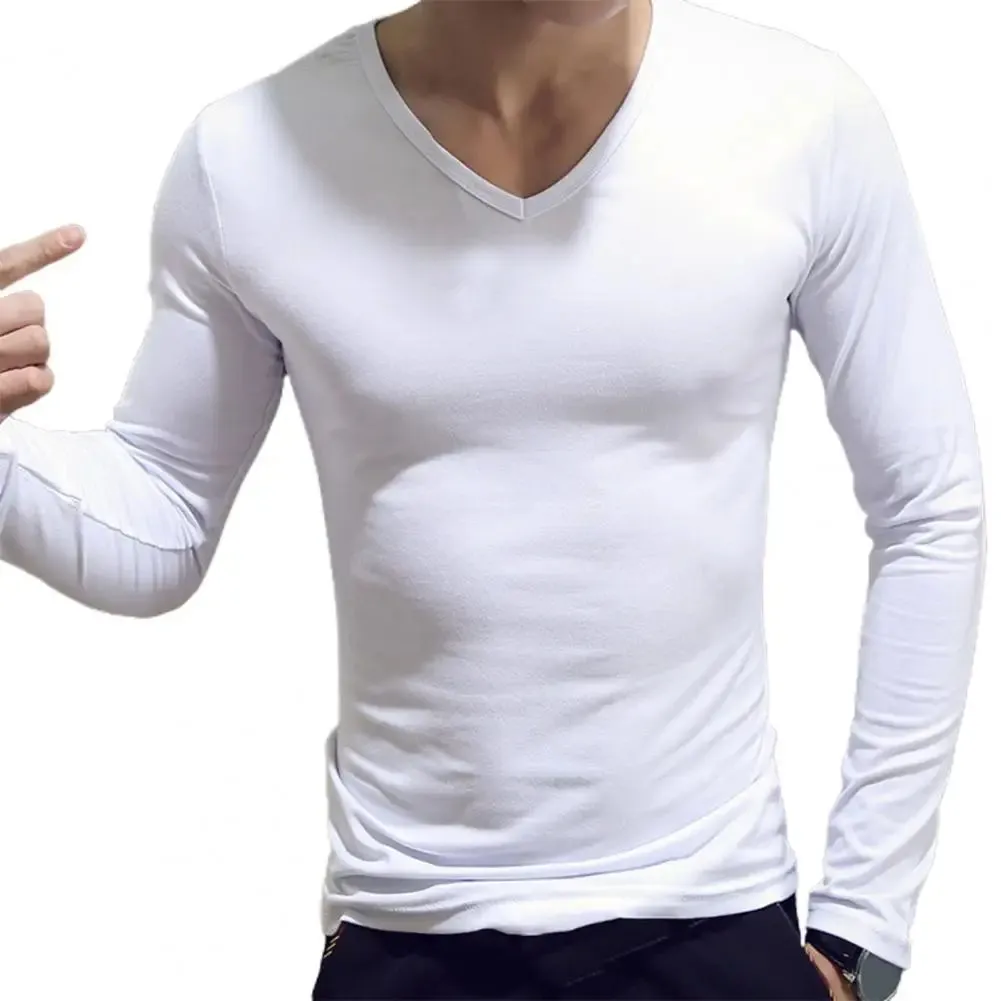 Men's Sports Gym Long Sleeve Slim Fit V-Neck T-Shirt – Solid Color Casual Fitness Base Shirt for Autumn & Winter