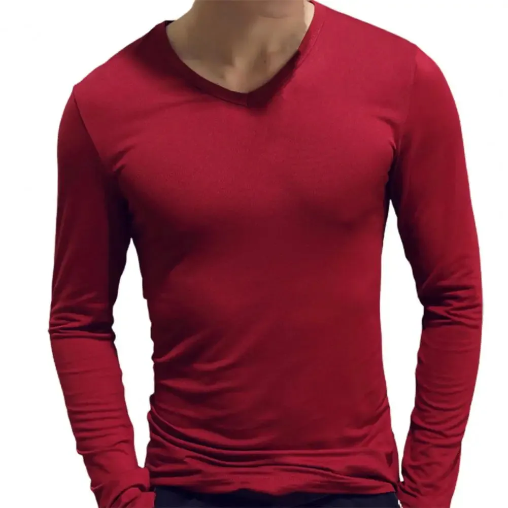 Men's Sports Gym Long Sleeve Slim Fit V-Neck T-Shirt – Solid Color Casual Fitness Base Shirt for Autumn & Winter