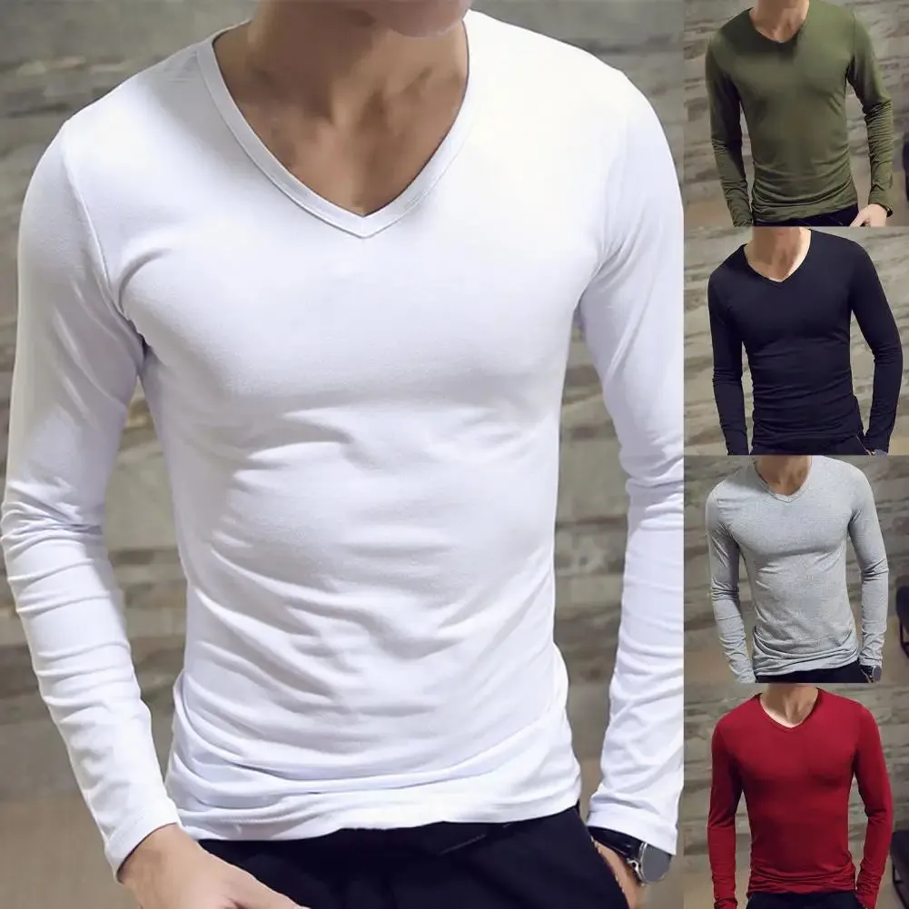 Men's Sports Gym Long Sleeve Slim Fit V-Neck T-Shirt – Solid Color Casual Fitness Base Shirt for Autumn & Winter