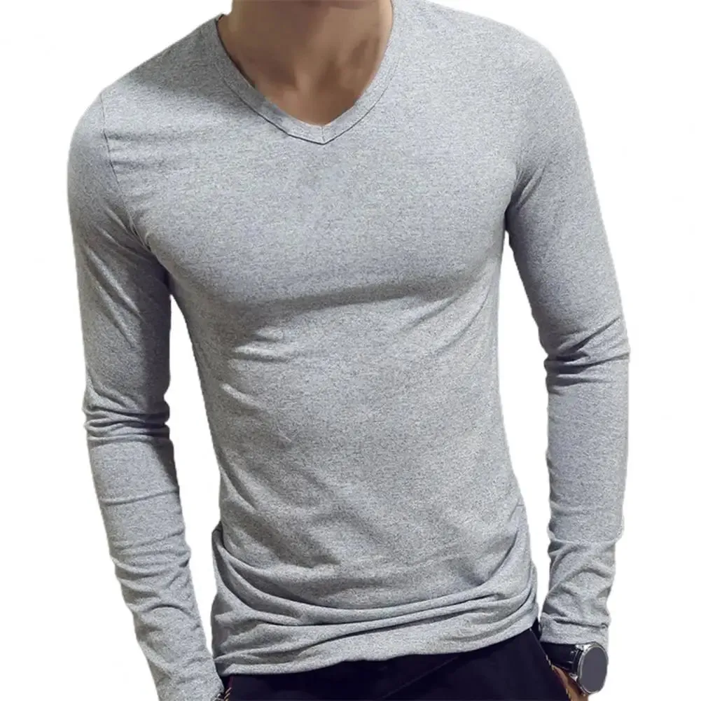 Men's Sports Gym Long Sleeve Slim Fit V-Neck T-Shirt – Solid Color Casual Fitness Base Shirt for Autumn & Winter