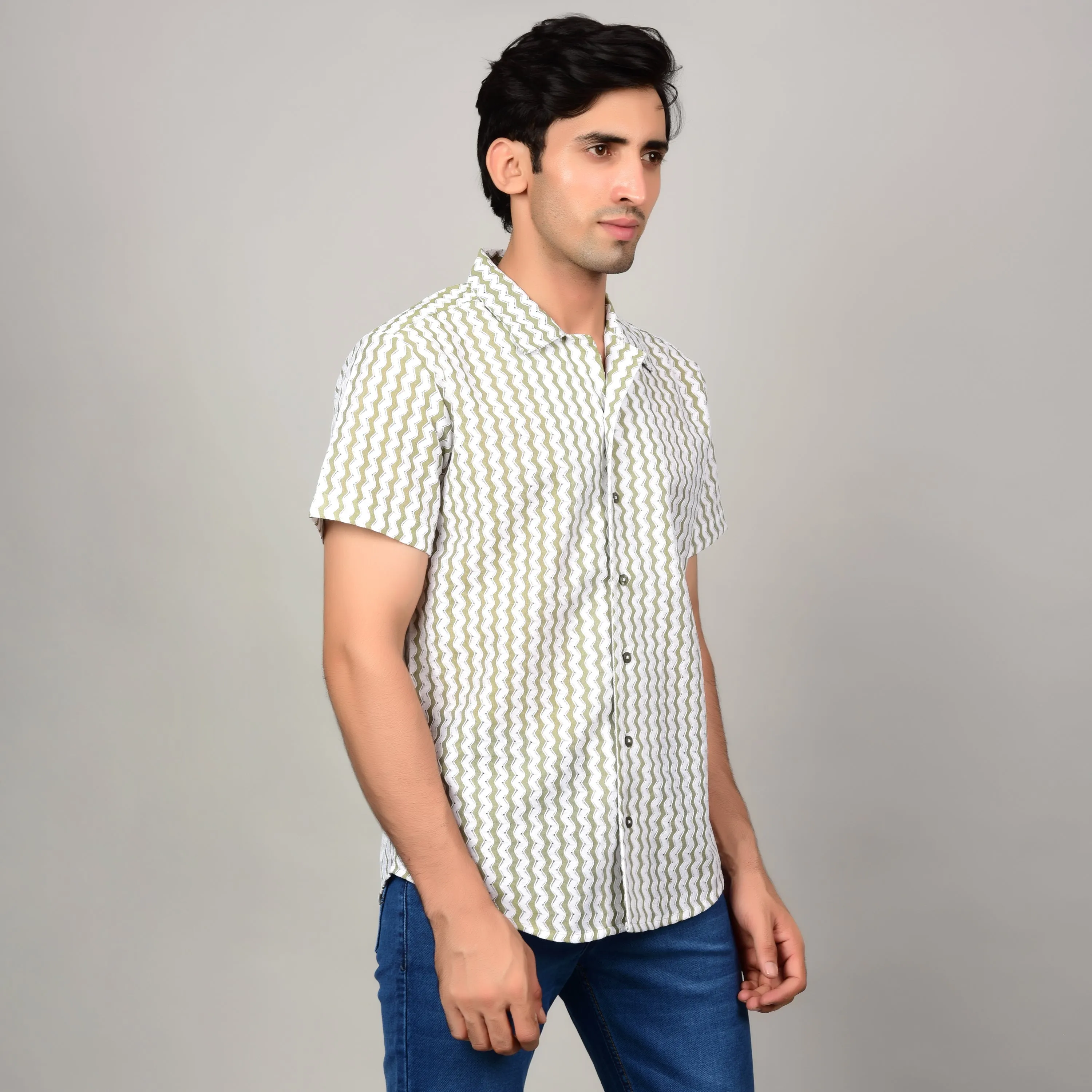 Men's Textured Casual Shirt - Sage Green & White