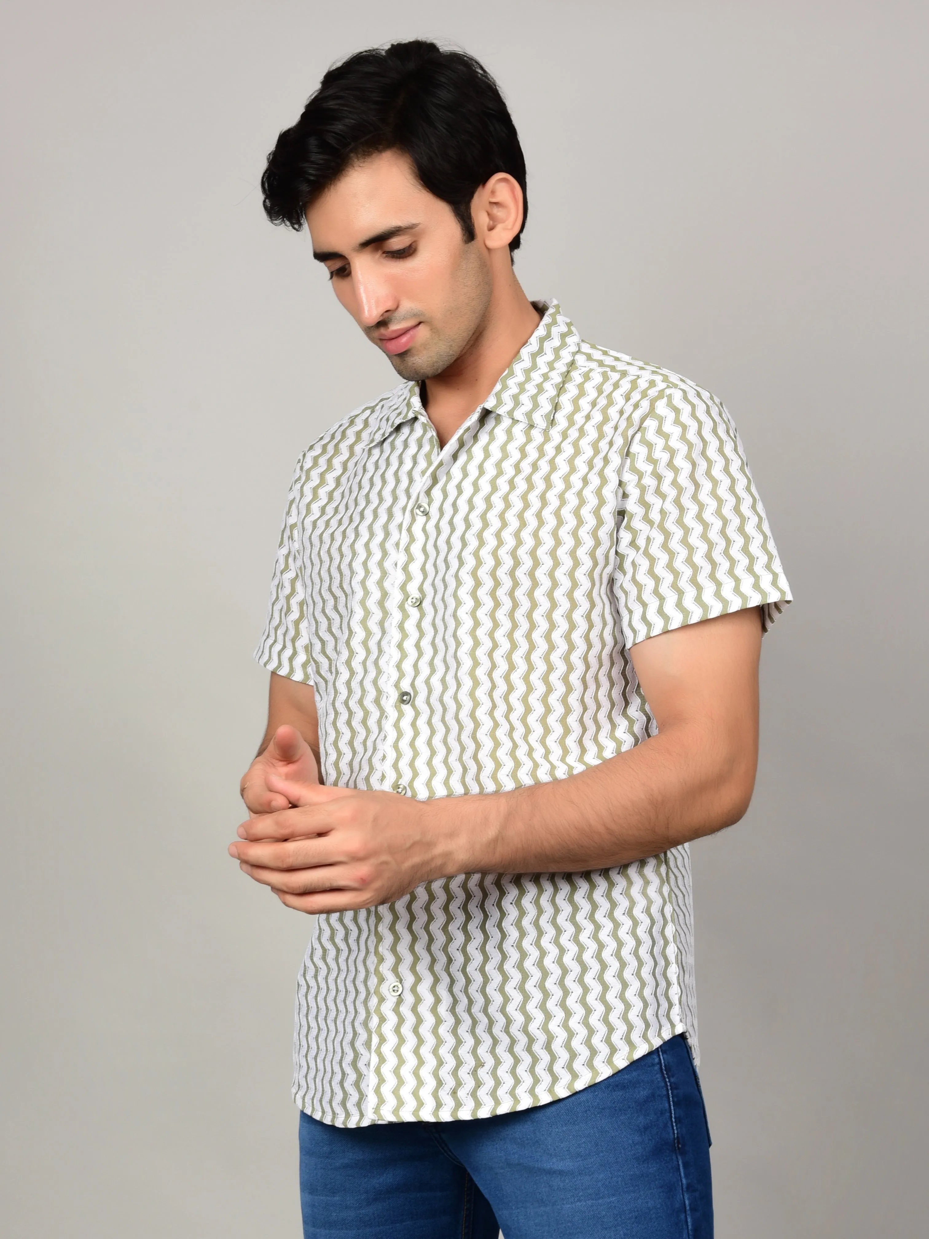 Men's Textured Casual Shirt - Sage Green & White