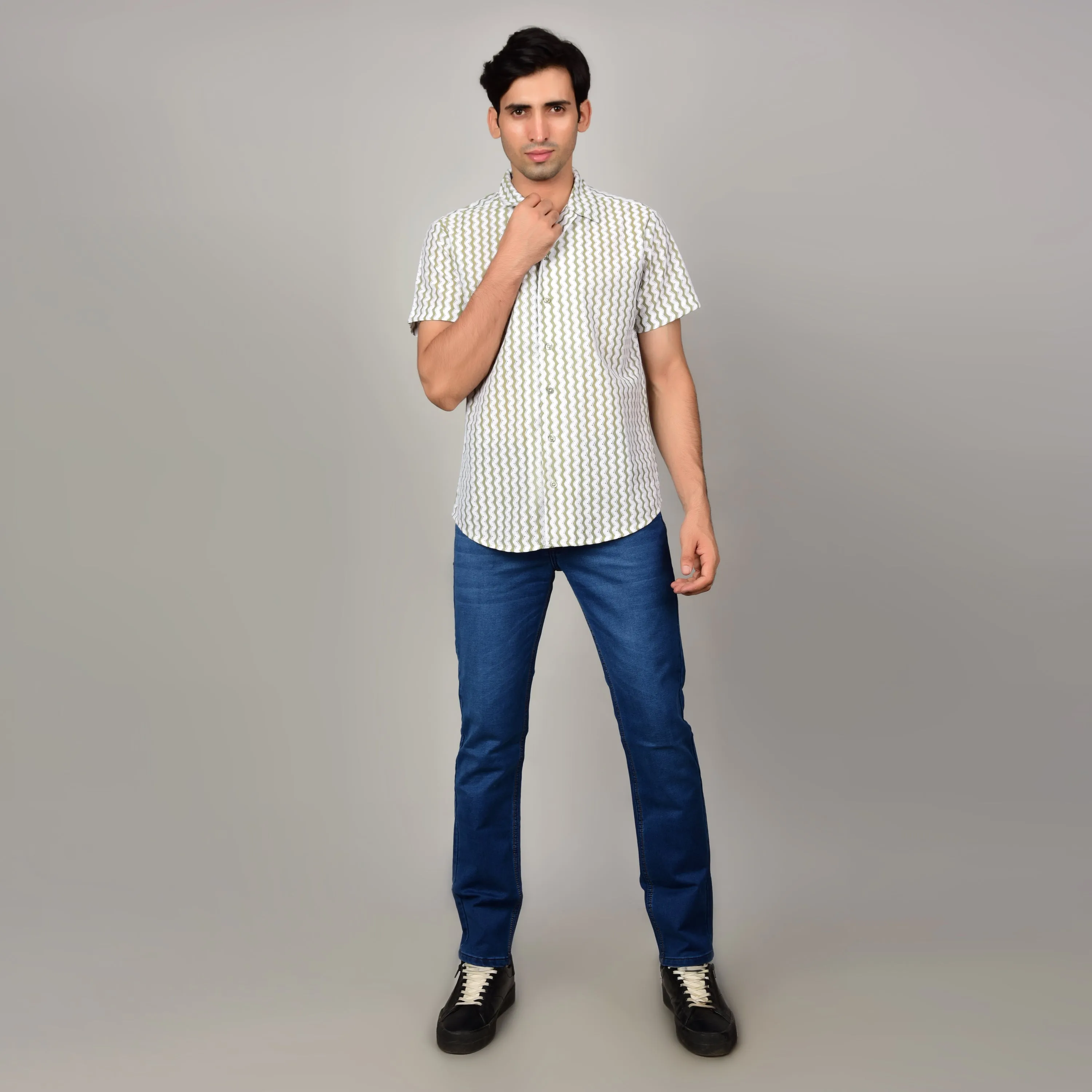 Men's Textured Casual Shirt - Sage Green & White