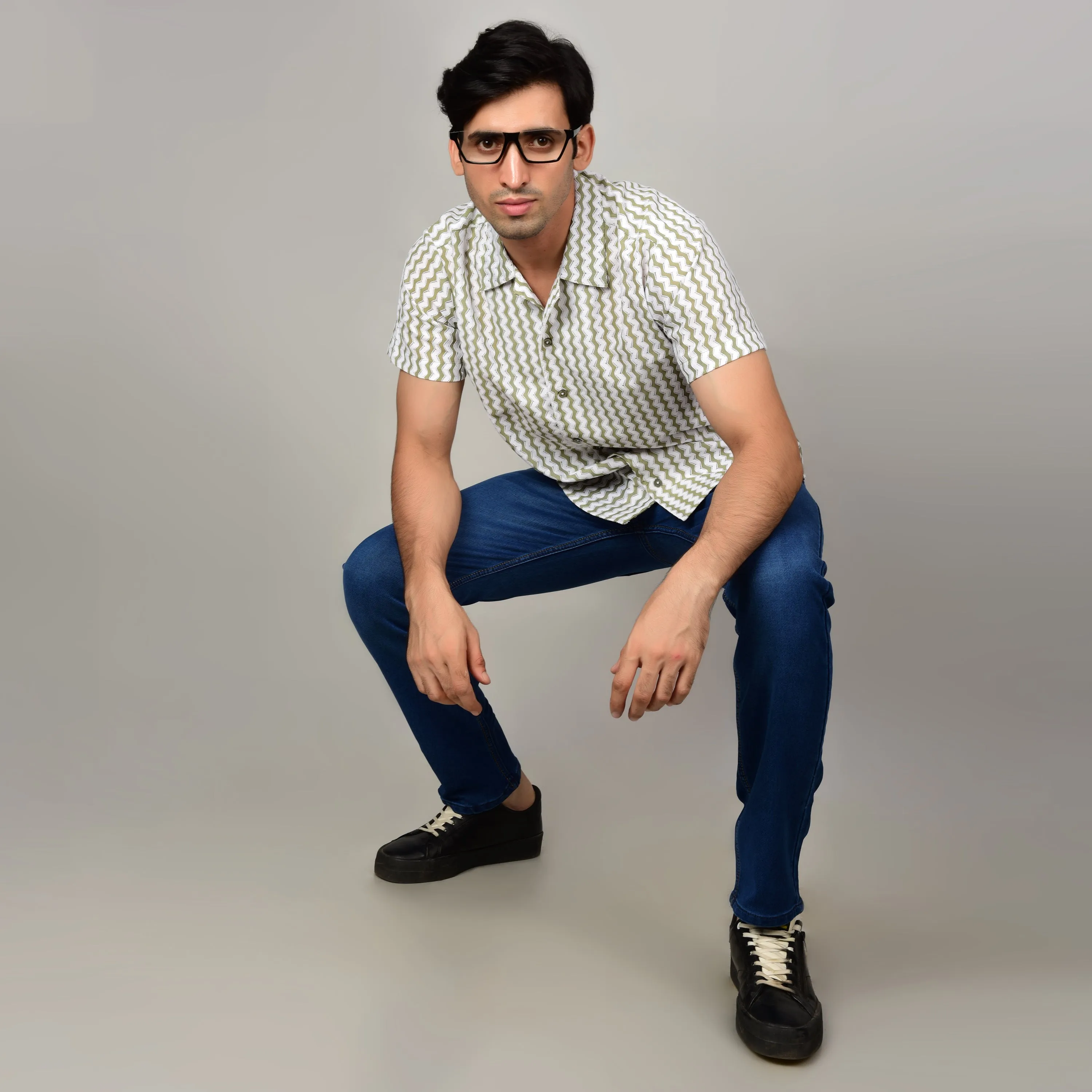 Men's Textured Casual Shirt - Sage Green & White