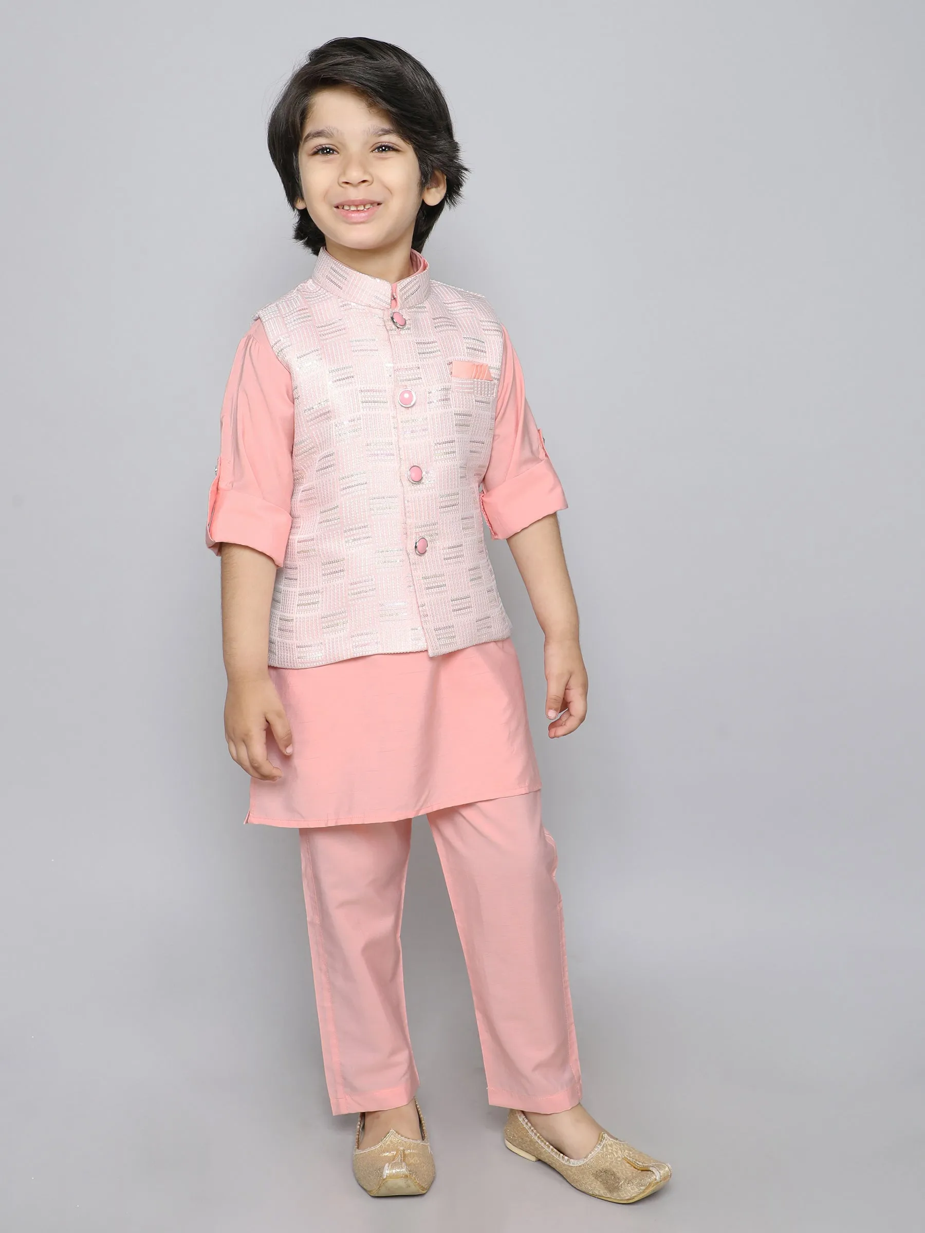 Ministitch Kurta set with Woven embriodered button up jacket-Peach