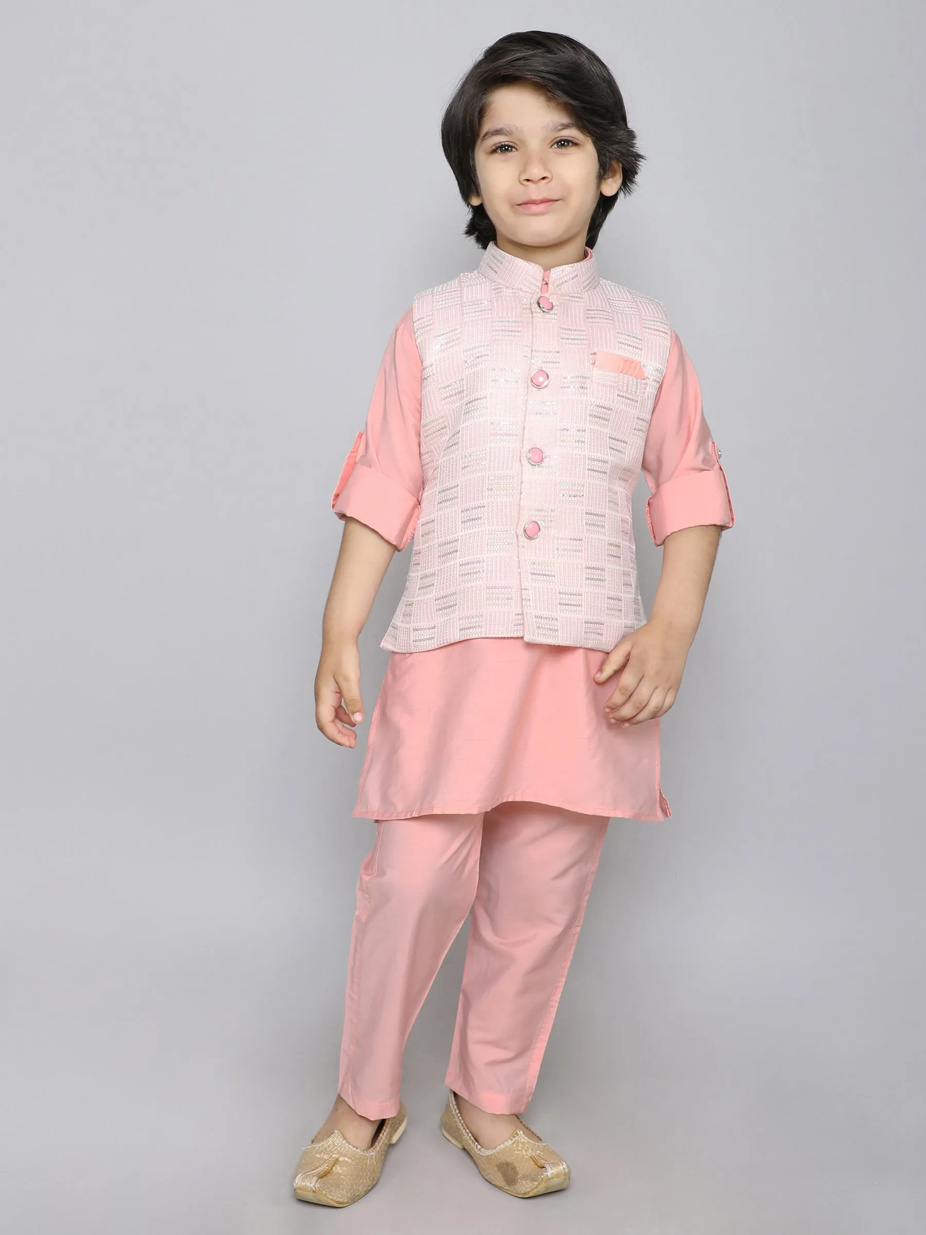 Ministitch Kurta set with Woven embriodered button up jacket-Peach