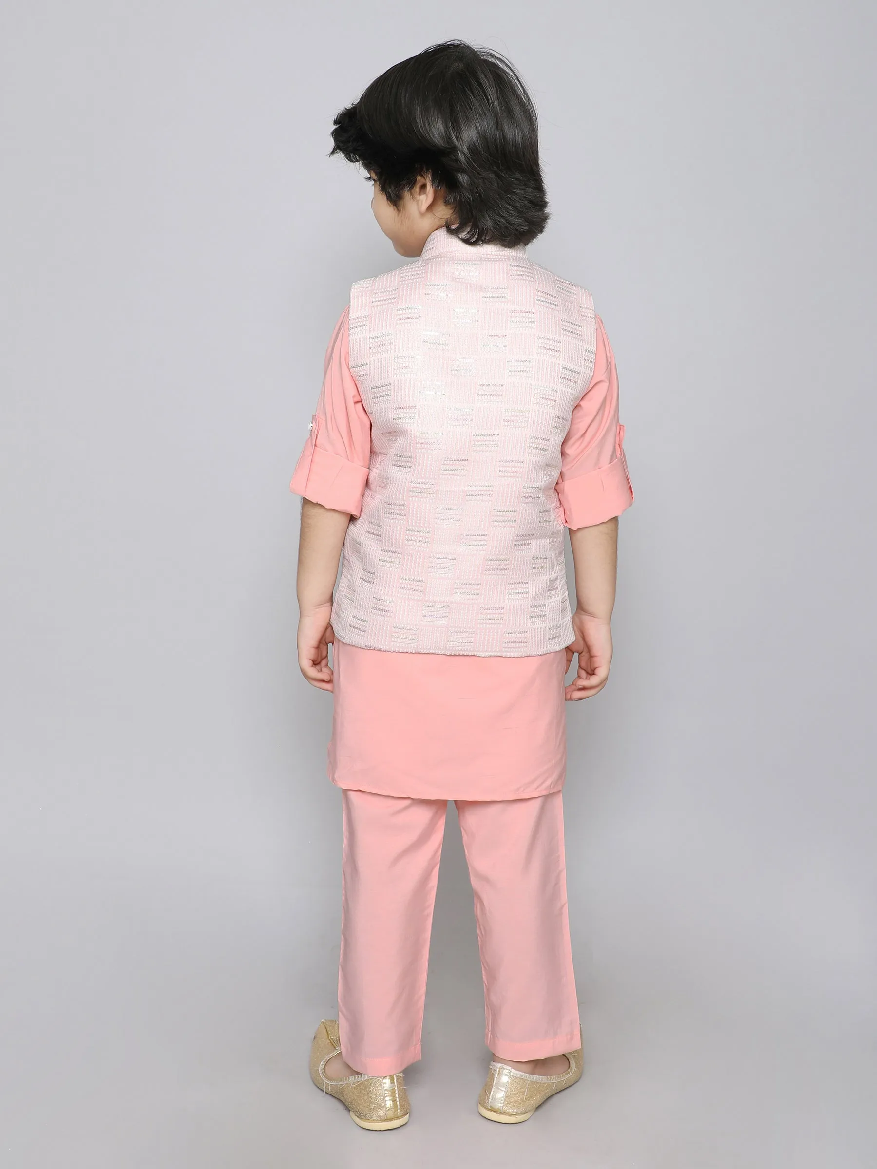 Ministitch Kurta set with Woven embriodered button up jacket-Peach
