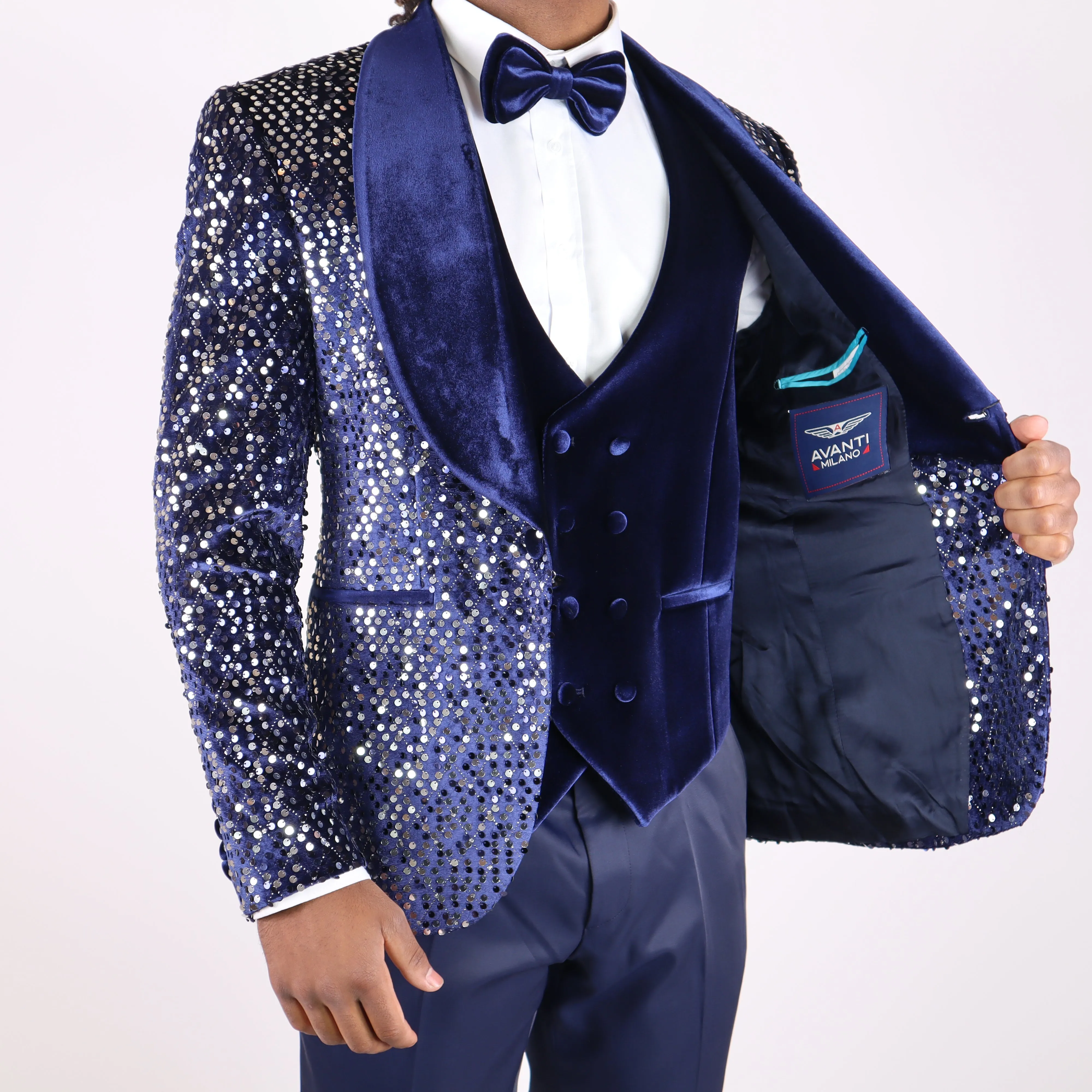Navy Blue Avanti Milano Silver Sequence Velvet Three Piece Tuxedo