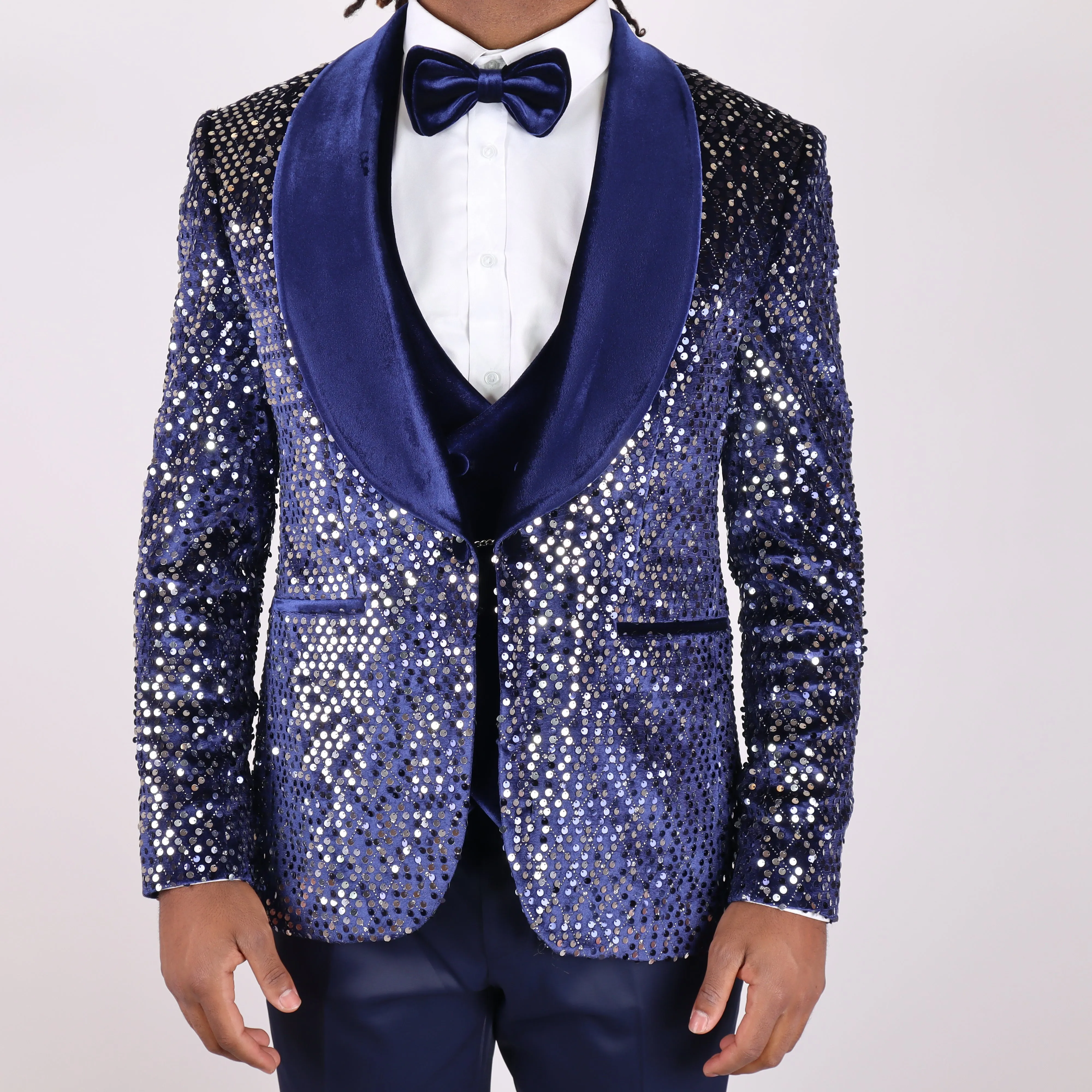 Navy Blue Avanti Milano Silver Sequence Velvet Three Piece Tuxedo
