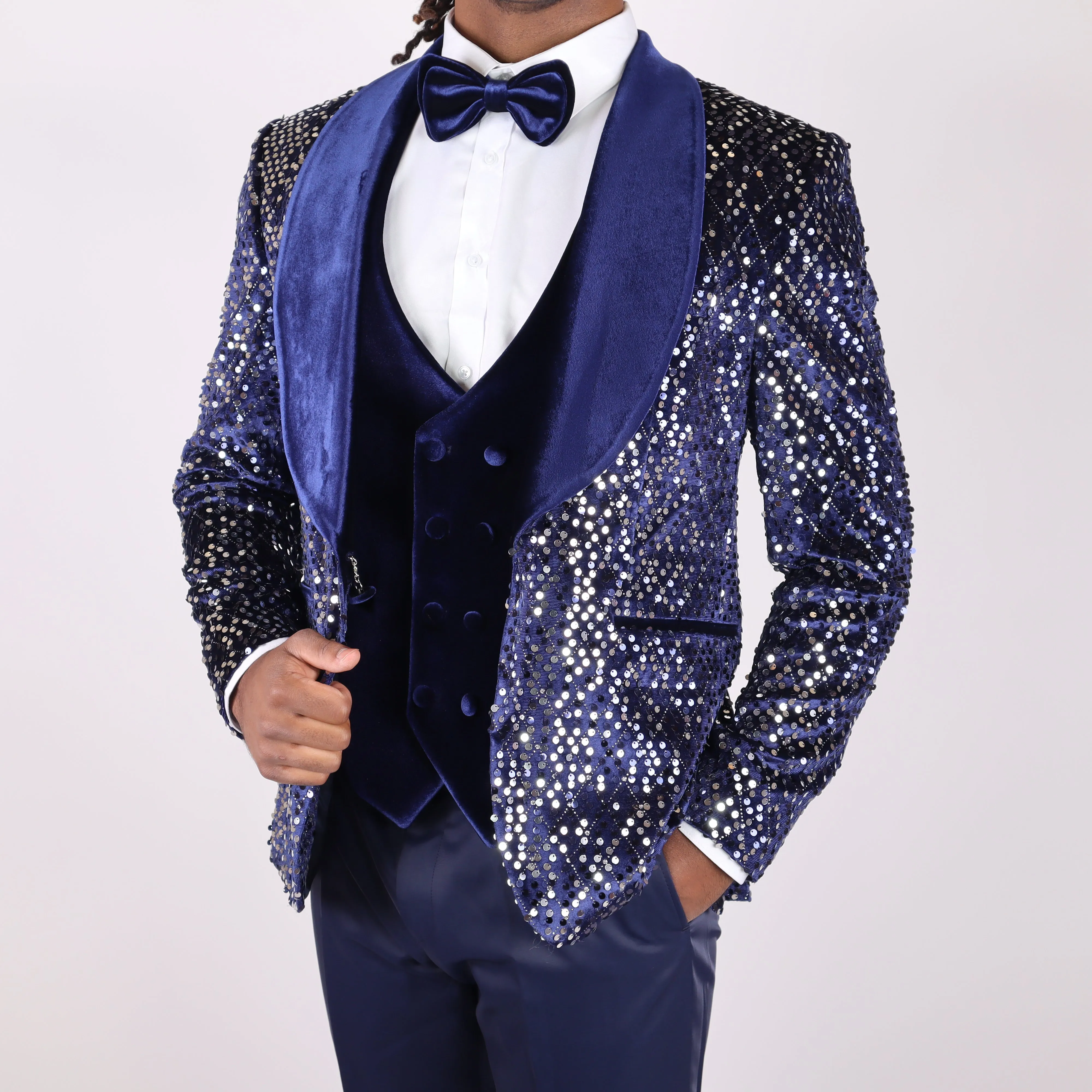 Navy Blue Avanti Milano Silver Sequence Velvet Three Piece Tuxedo
