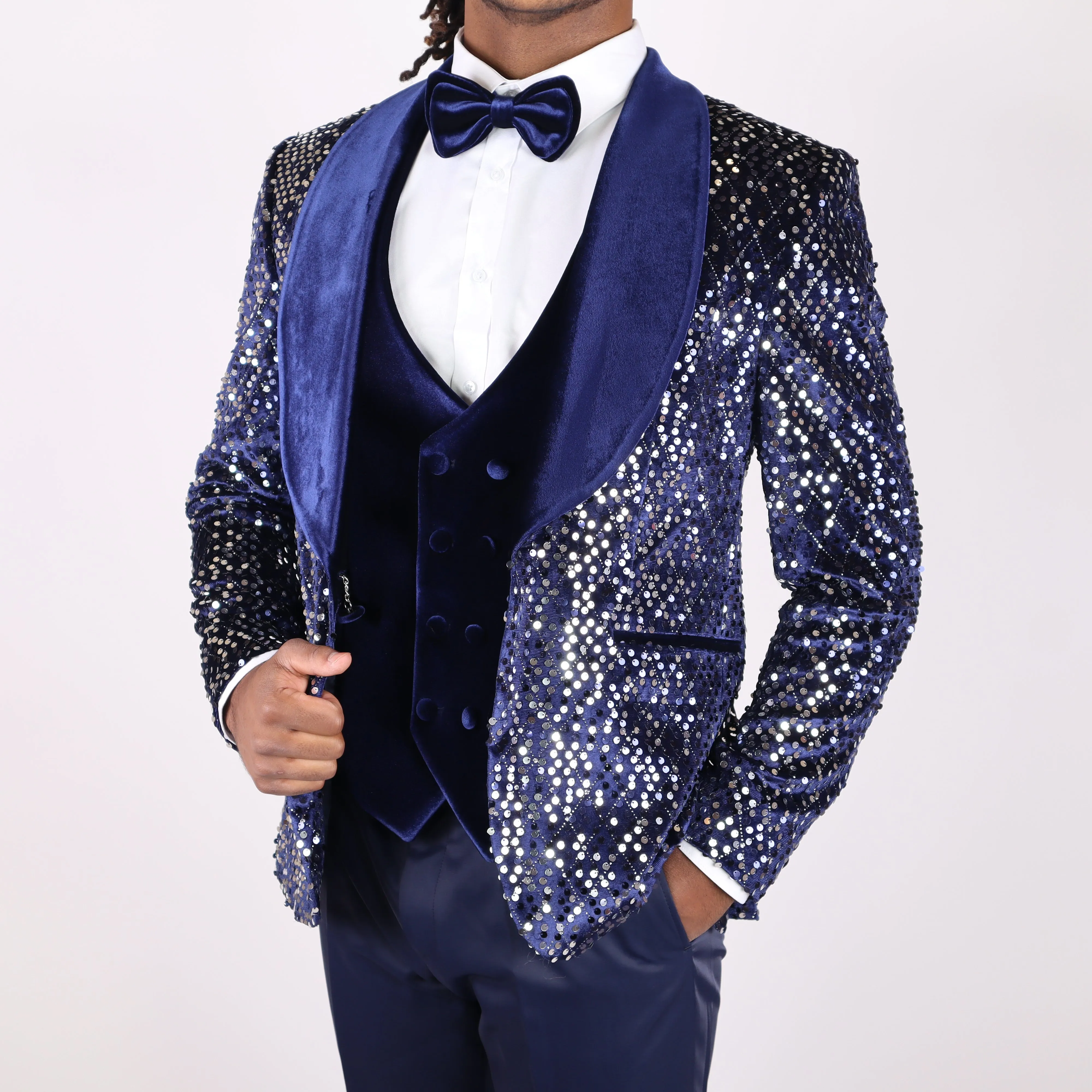 Navy Blue Avanti Milano Silver Sequence Velvet Three Piece Tuxedo