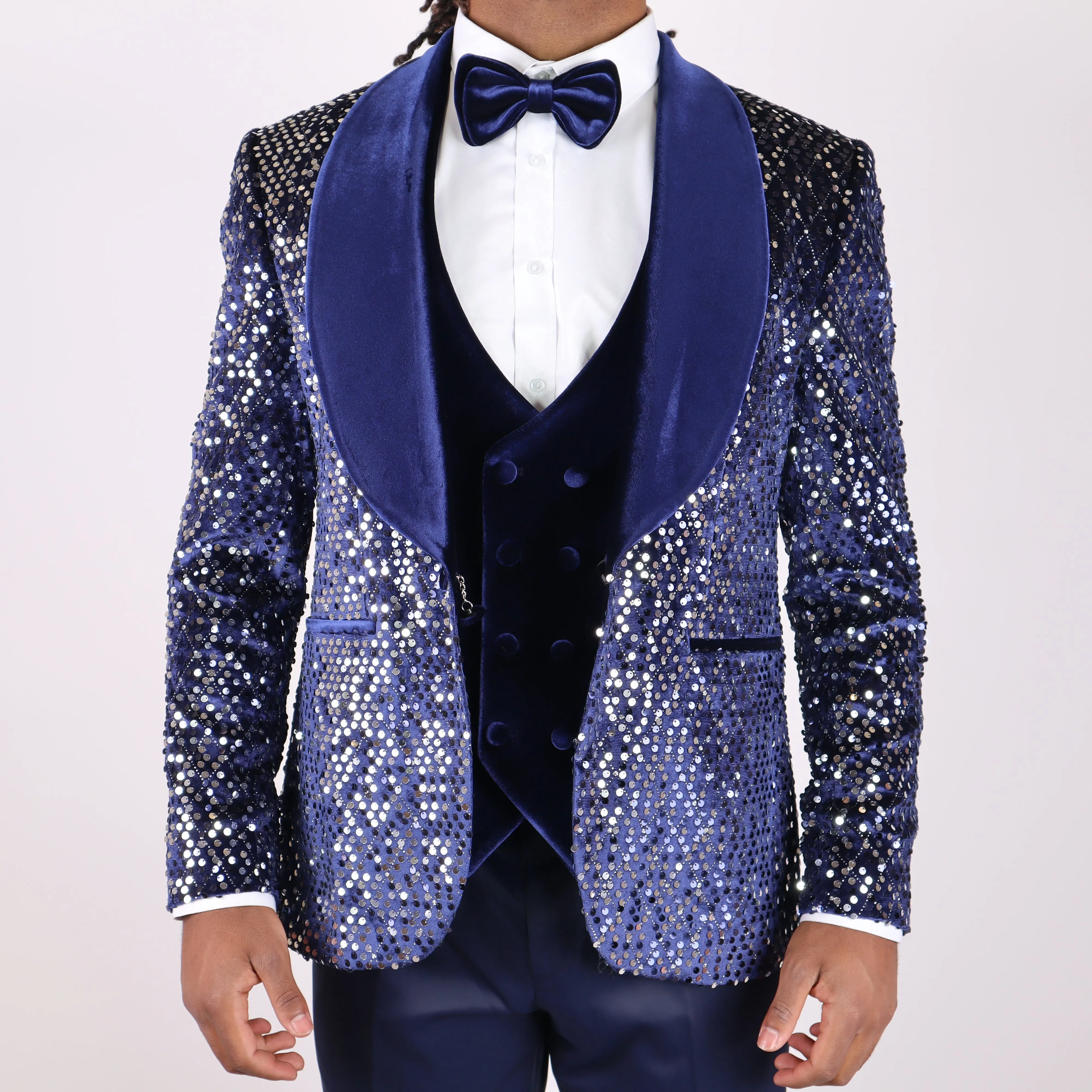 Navy Blue Avanti Milano Silver Sequence Velvet Three Piece Tuxedo