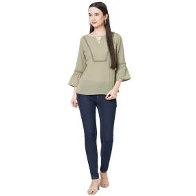 Olive Bell Sleeves Top With Lace Detaling For Women