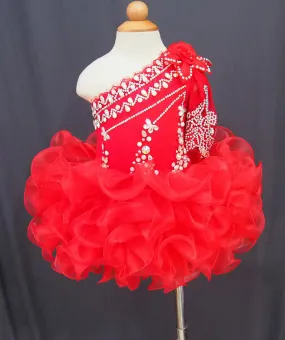 One Shoulder Beaded Bodice Red Cupcake Pageant Dress  G115-2