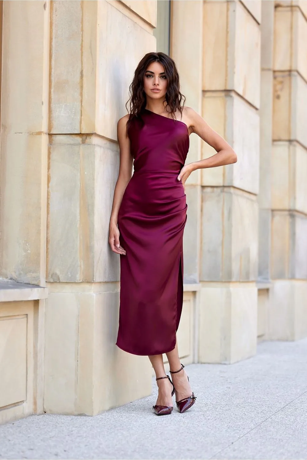 One shoulder subtle slit midi evening dress