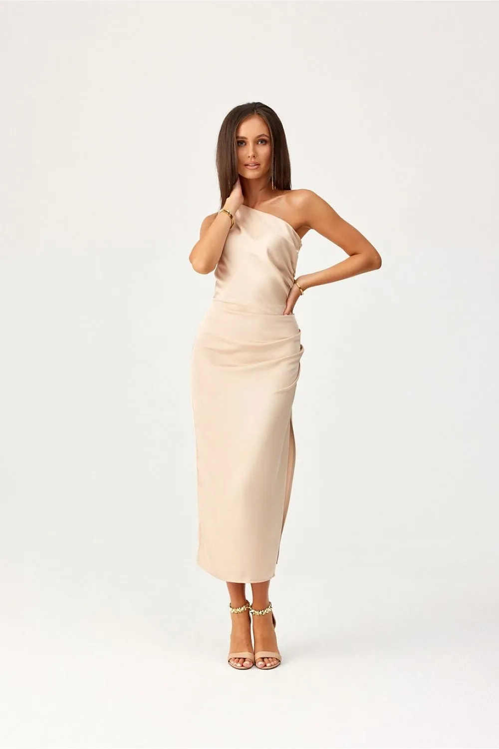 One shoulder subtle slit midi evening dress