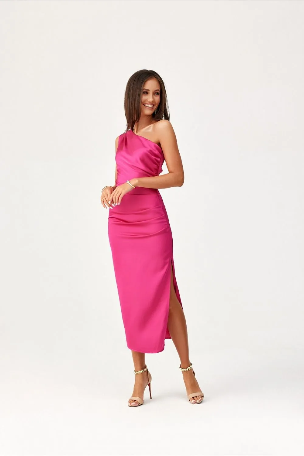 One shoulder subtle slit midi evening dress