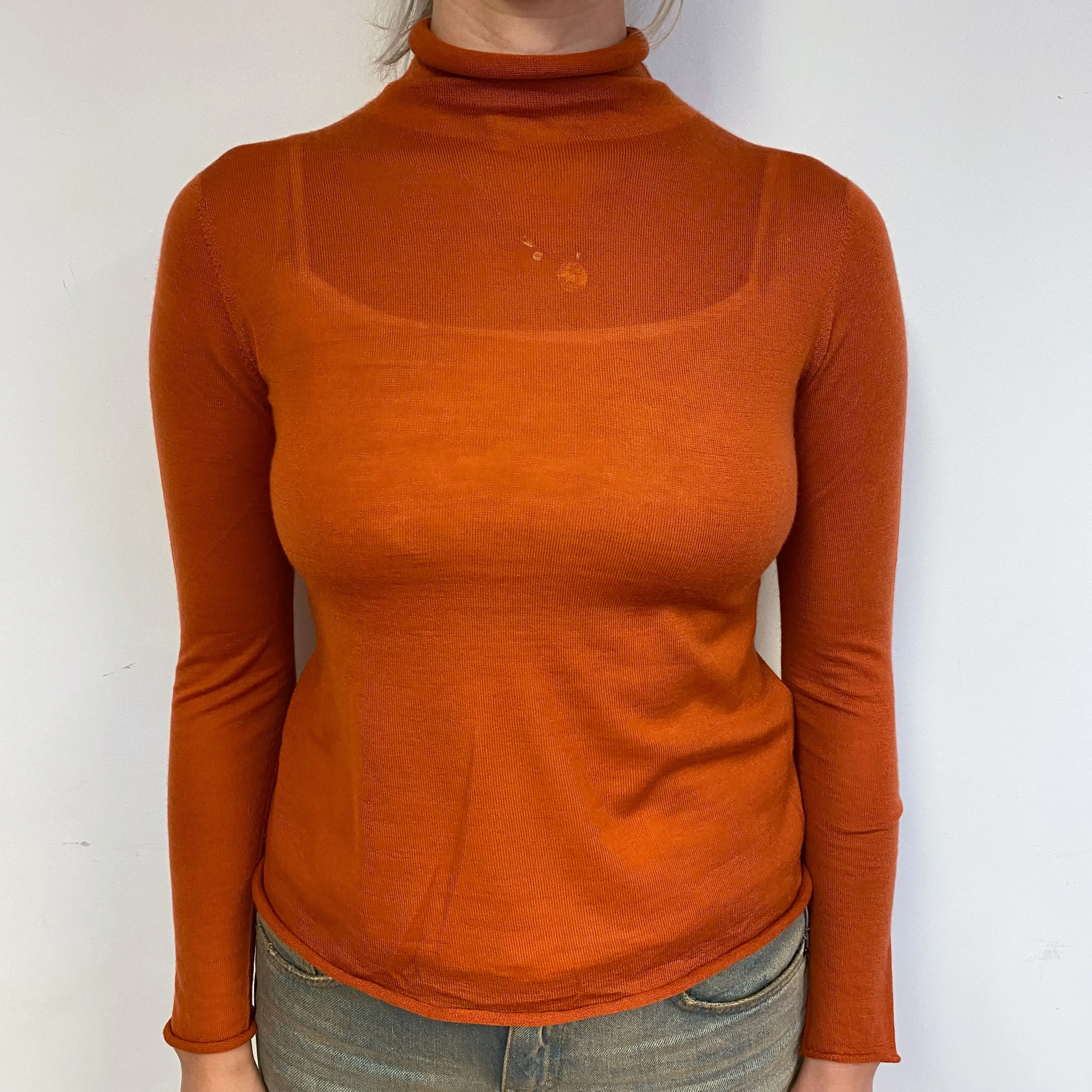 Orange Fine Knit Cashmere Turtle Neck Jumper Small