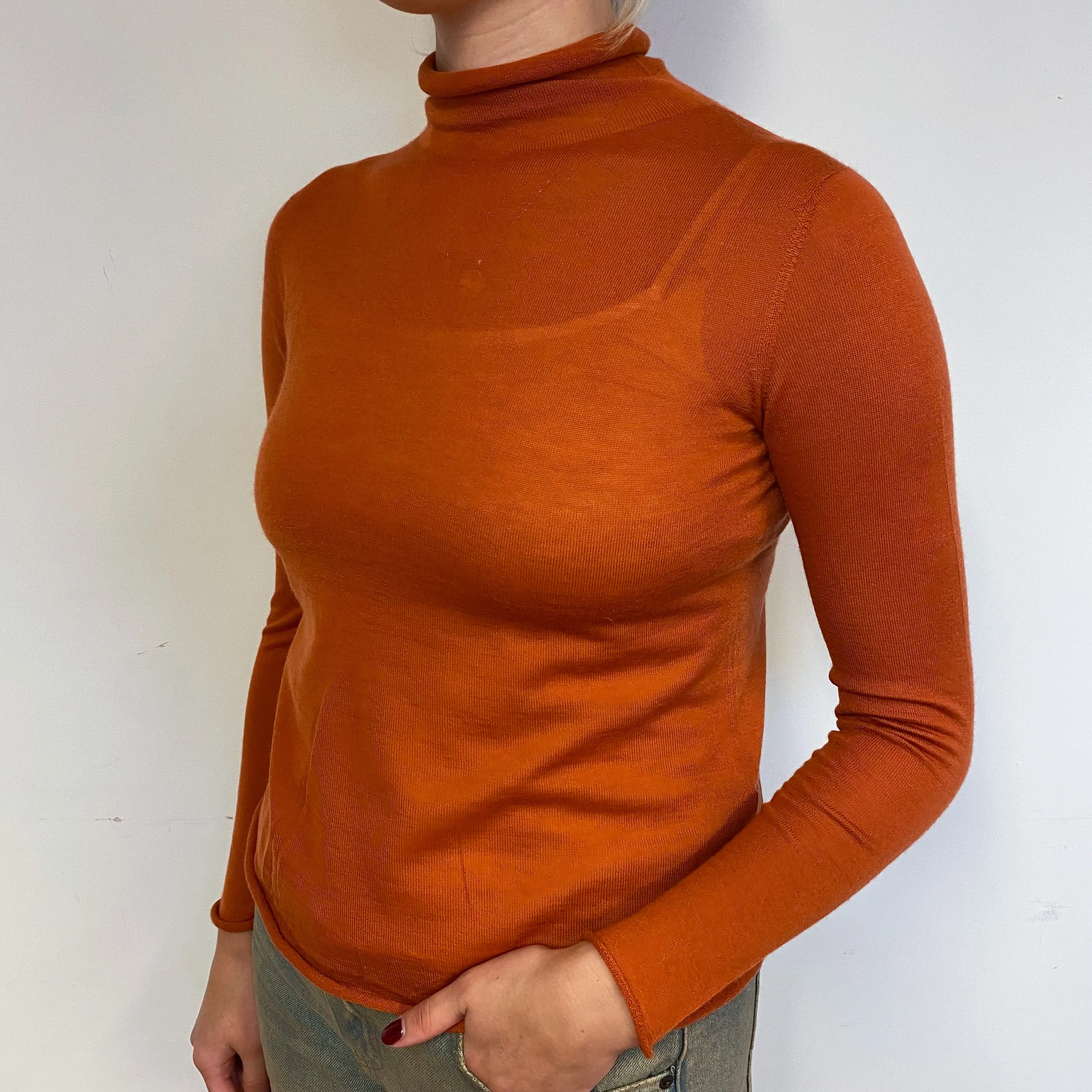Orange Fine Knit Cashmere Turtle Neck Jumper Small