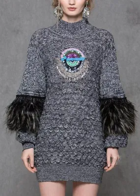Ostrich Feather Sequin Embellished Knit Sweater