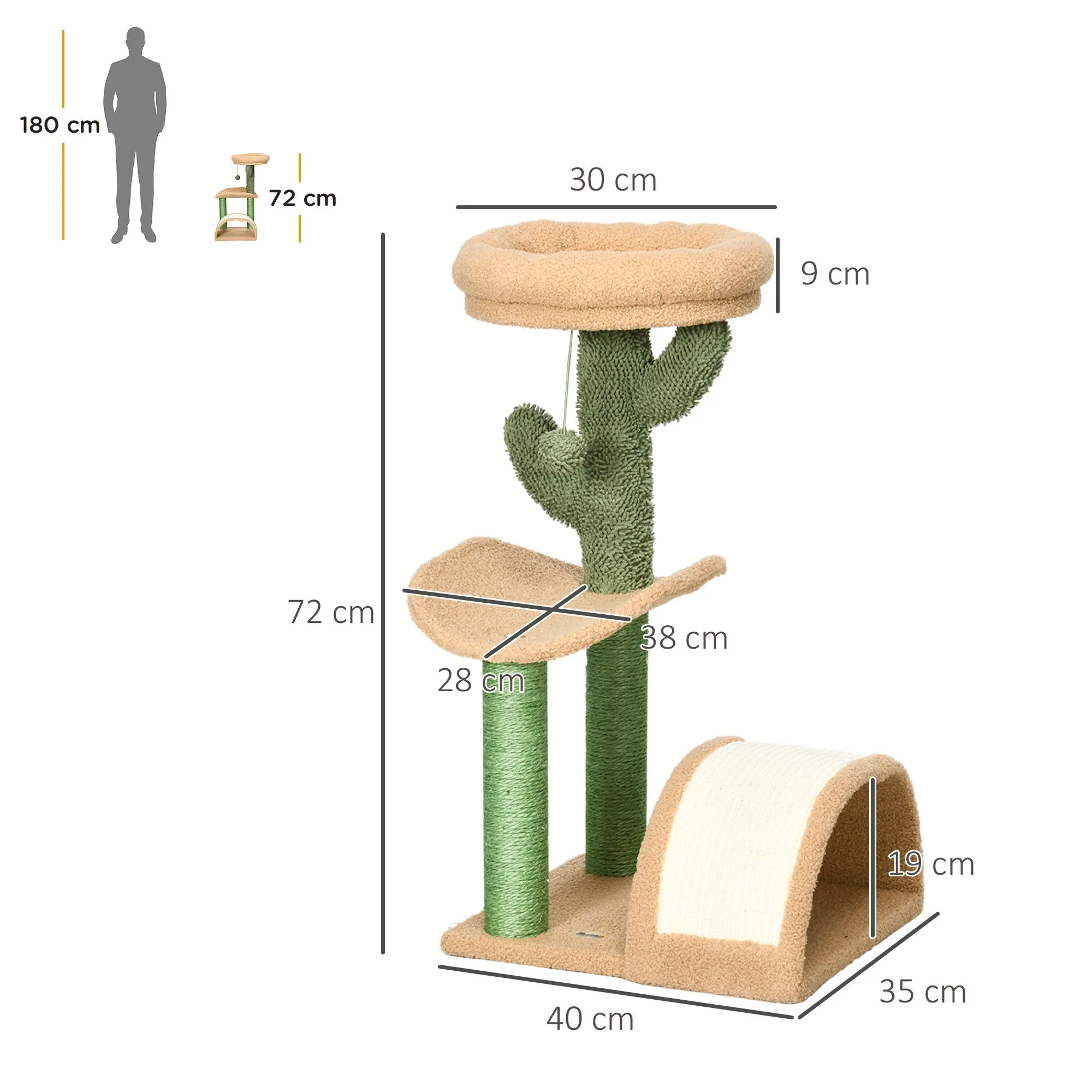 PawHut 72cm Cat Activity Centre w/ Bed, Toy Ball, Sisal Post, Curved Pad
