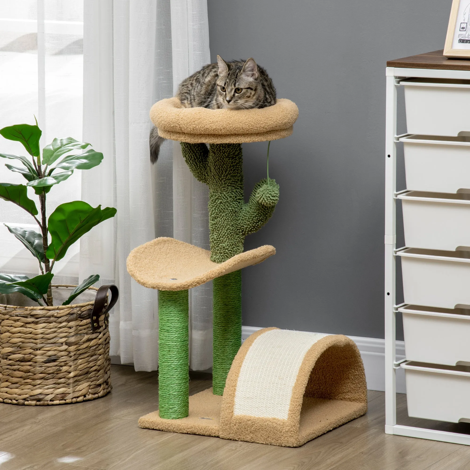 PawHut 72cm Cat Activity Centre w/ Bed, Toy Ball, Sisal Post, Curved Pad