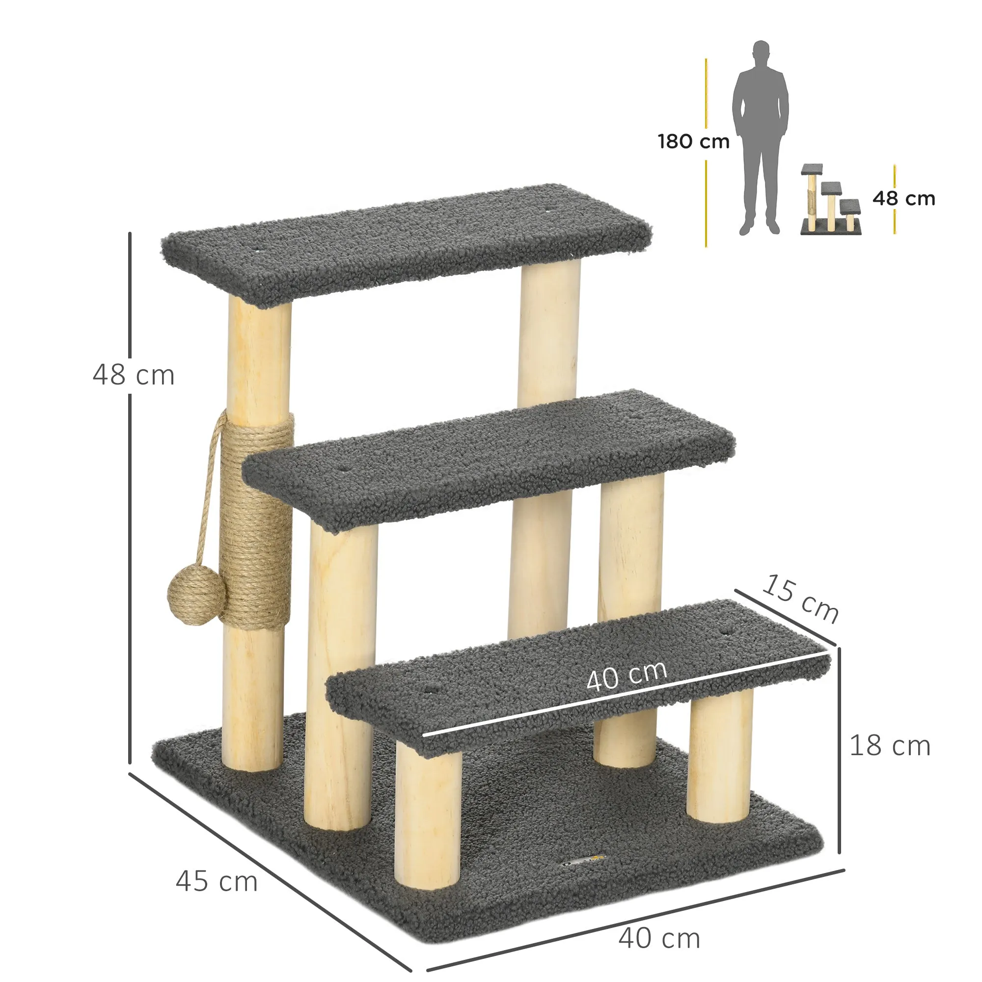 PawHut Dog Steps for Bed 3 Step Pet Stairs Cat Tree Tower w/ Jute Toy Ball Grey