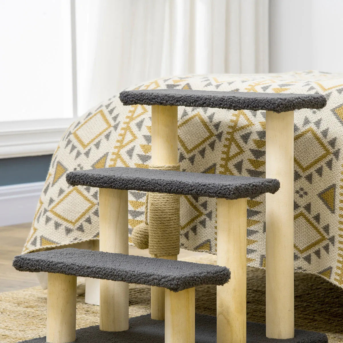 PawHut Dog Steps for Bed 3 Step Pet Stairs Cat Tree Tower w/ Jute Toy Ball Grey