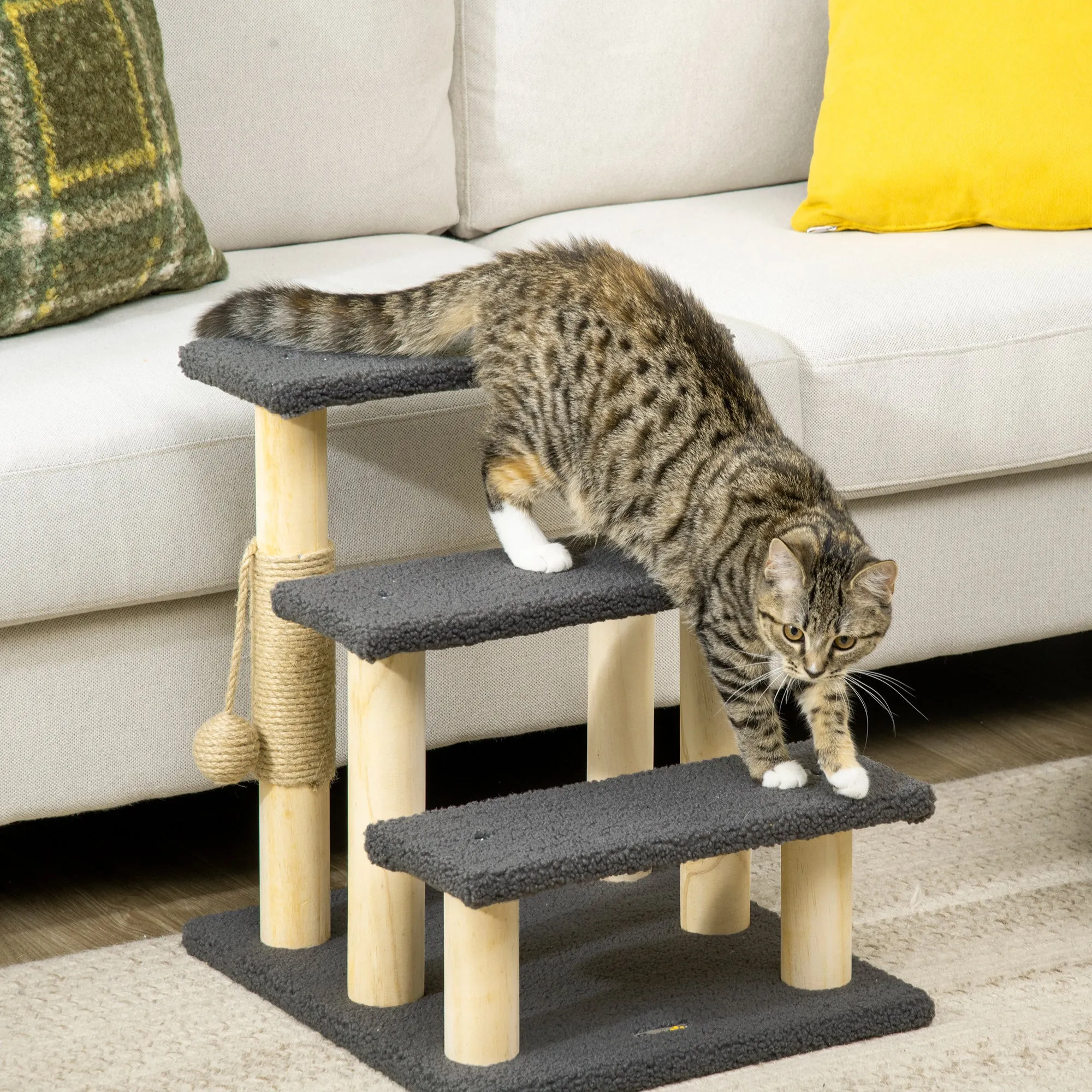PawHut Dog Steps for Bed 3 Step Pet Stairs Cat Tree Tower w/ Jute Toy Ball Grey
