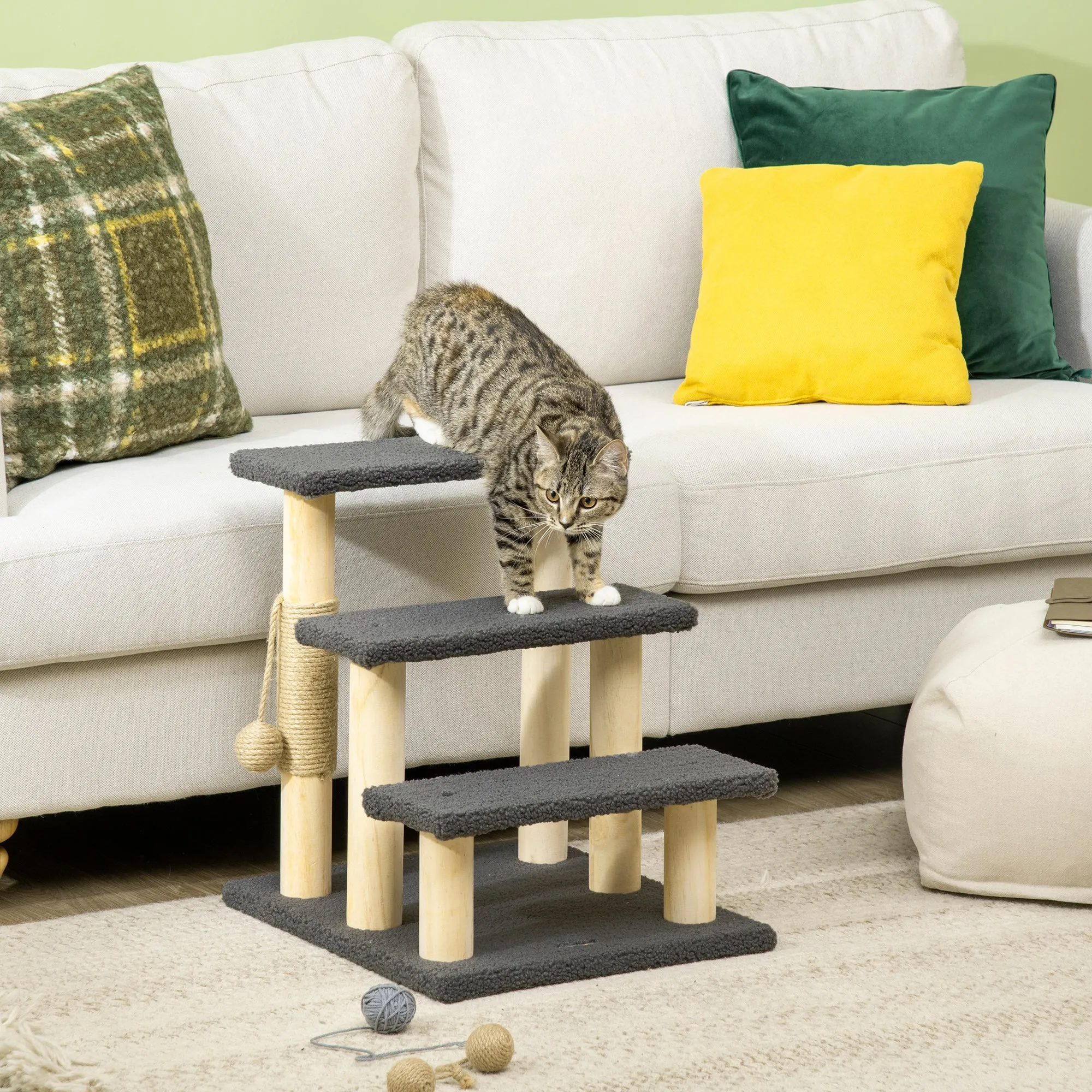 PawHut Dog Steps for Bed 3 Step Pet Stairs Cat Tree Tower w/ Jute Toy Ball Grey