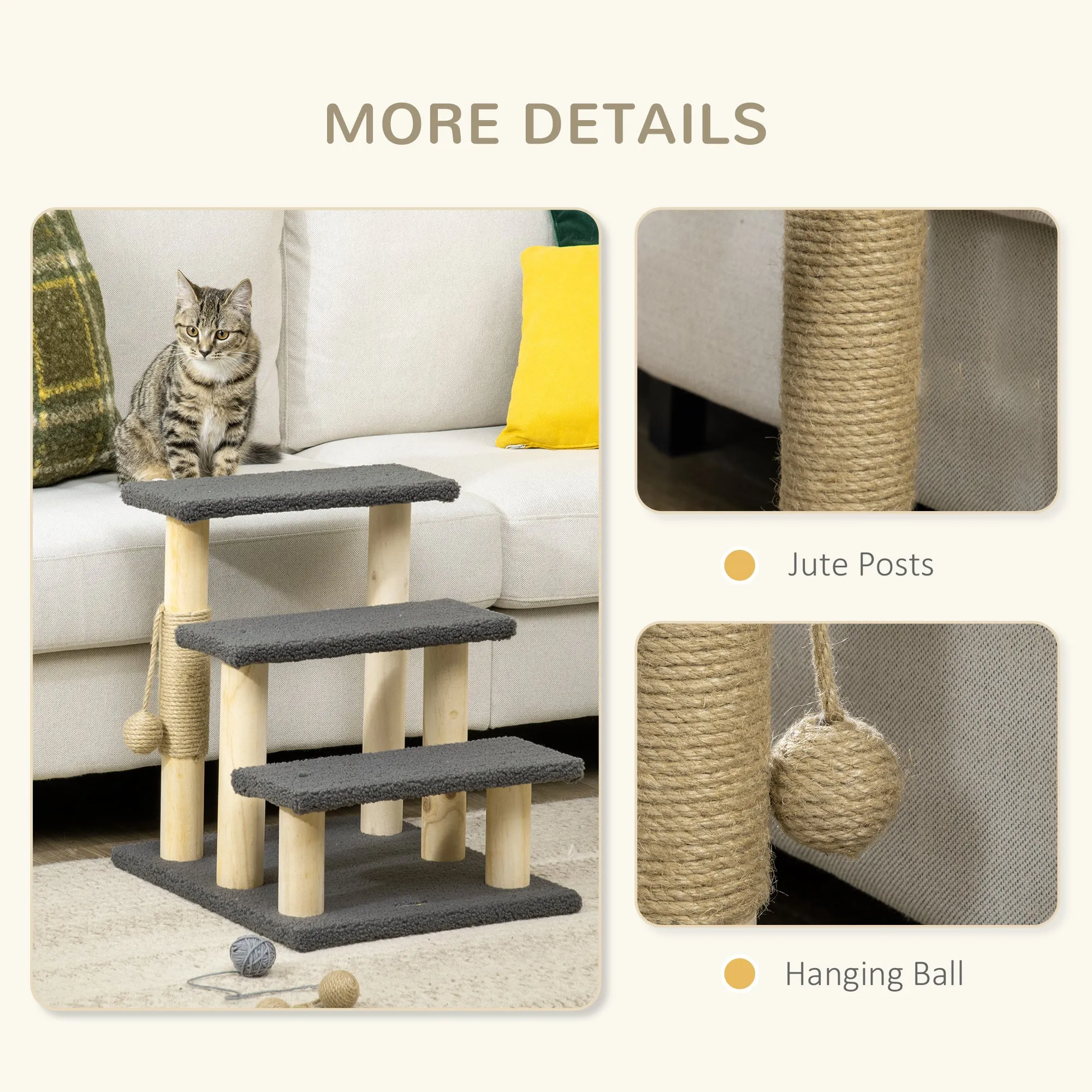 PawHut Dog Steps for Bed 3 Step Pet Stairs Cat Tree Tower w/ Jute Toy Ball Grey