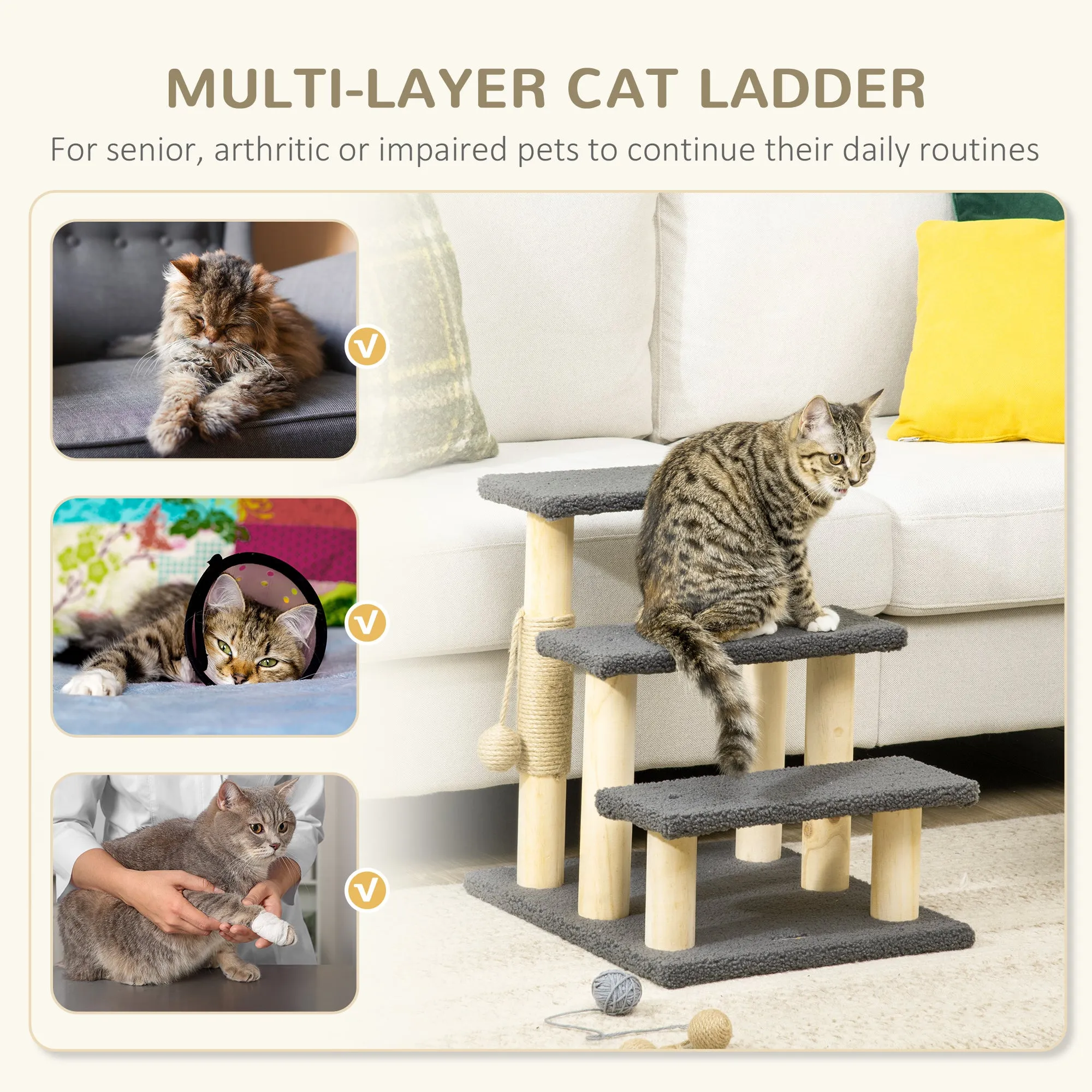 PawHut Dog Steps for Bed 3 Step Pet Stairs Cat Tree Tower w/ Jute Toy Ball Grey