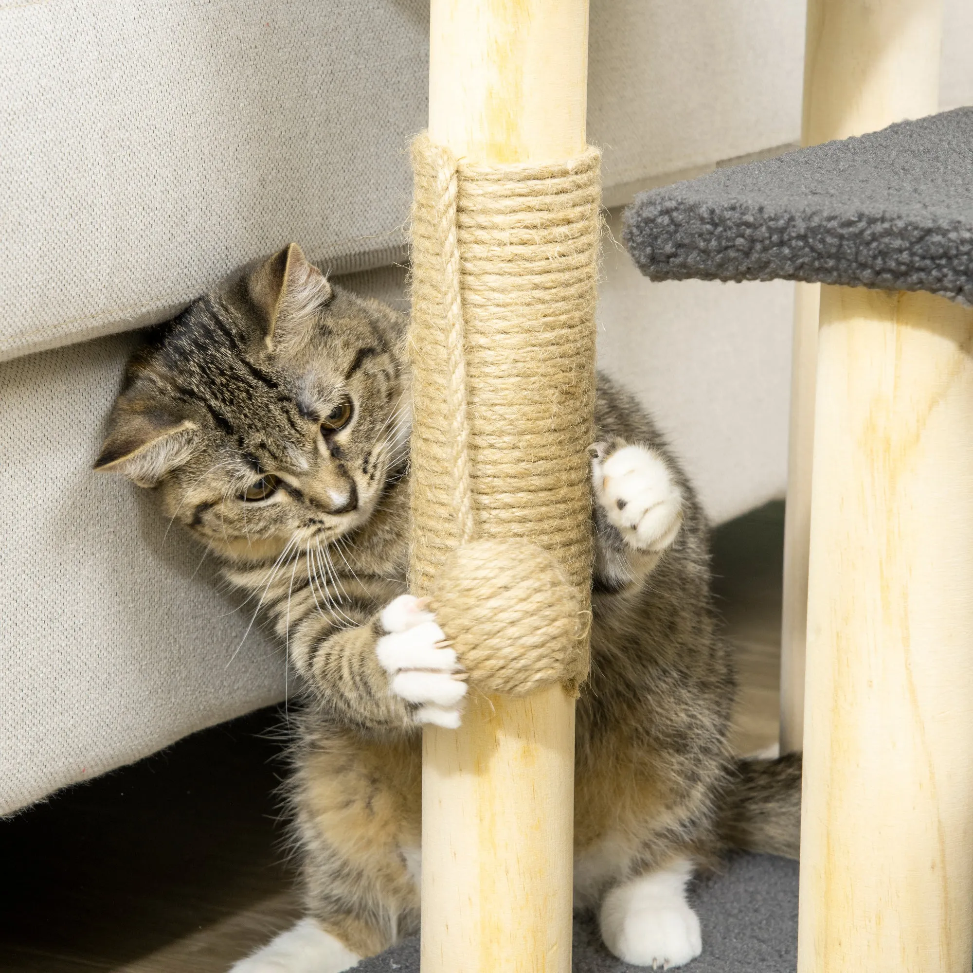 PawHut Dog Steps for Bed 3 Step Pet Stairs Cat Tree Tower w/ Jute Toy Ball Grey