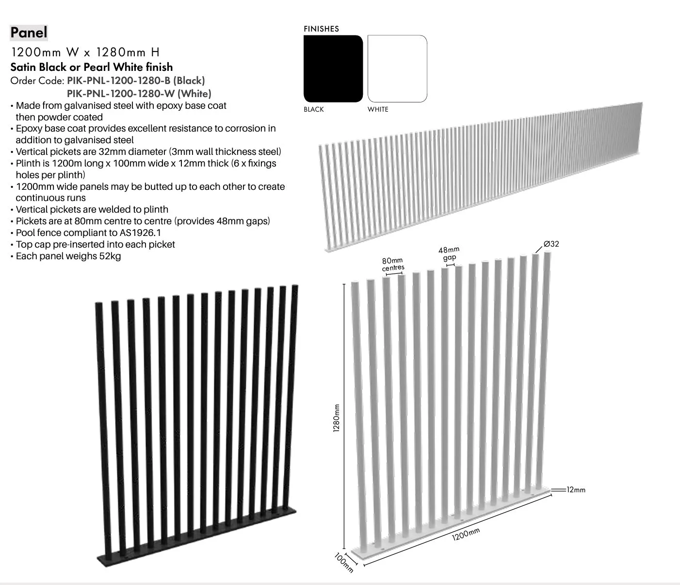 PIK Panel - 1200Wx1280H - Black,    Blade Picket Pool Fencing,