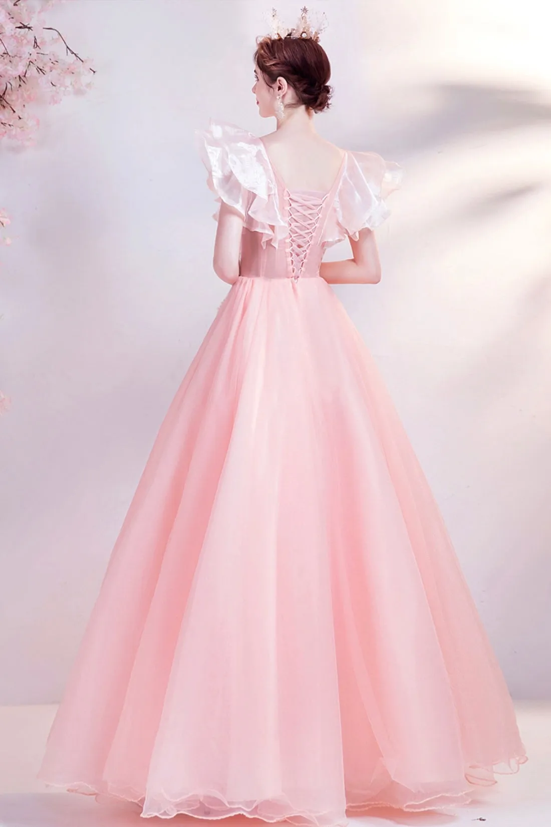 Pink V-Neck Tulle Long Prom Dress, Beautiful Pink Evening Dress