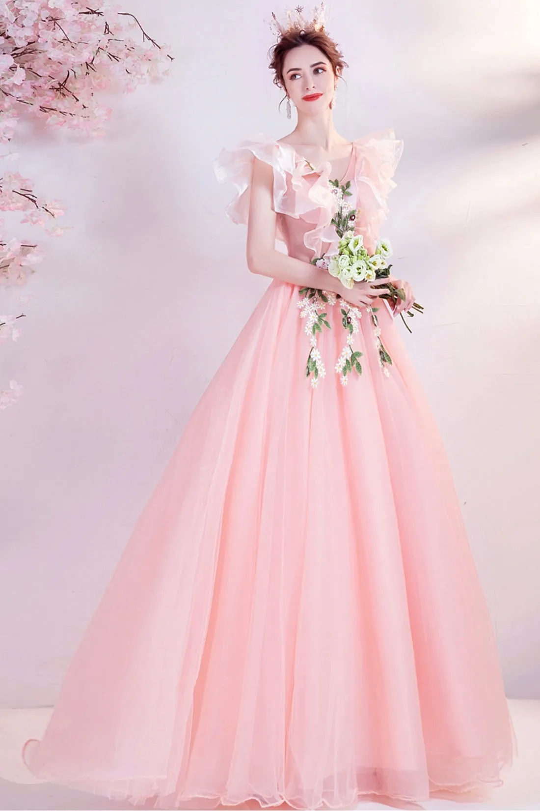 Pink V-Neck Tulle Long Prom Dress, Beautiful Pink Evening Dress