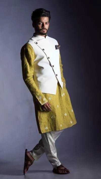 Plain White  Off Centre Nehru with a Subdued Green Kurta - Rent