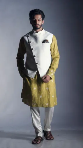 Plain White  Off Centre Nehru with a Subdued Green Kurta - Rent