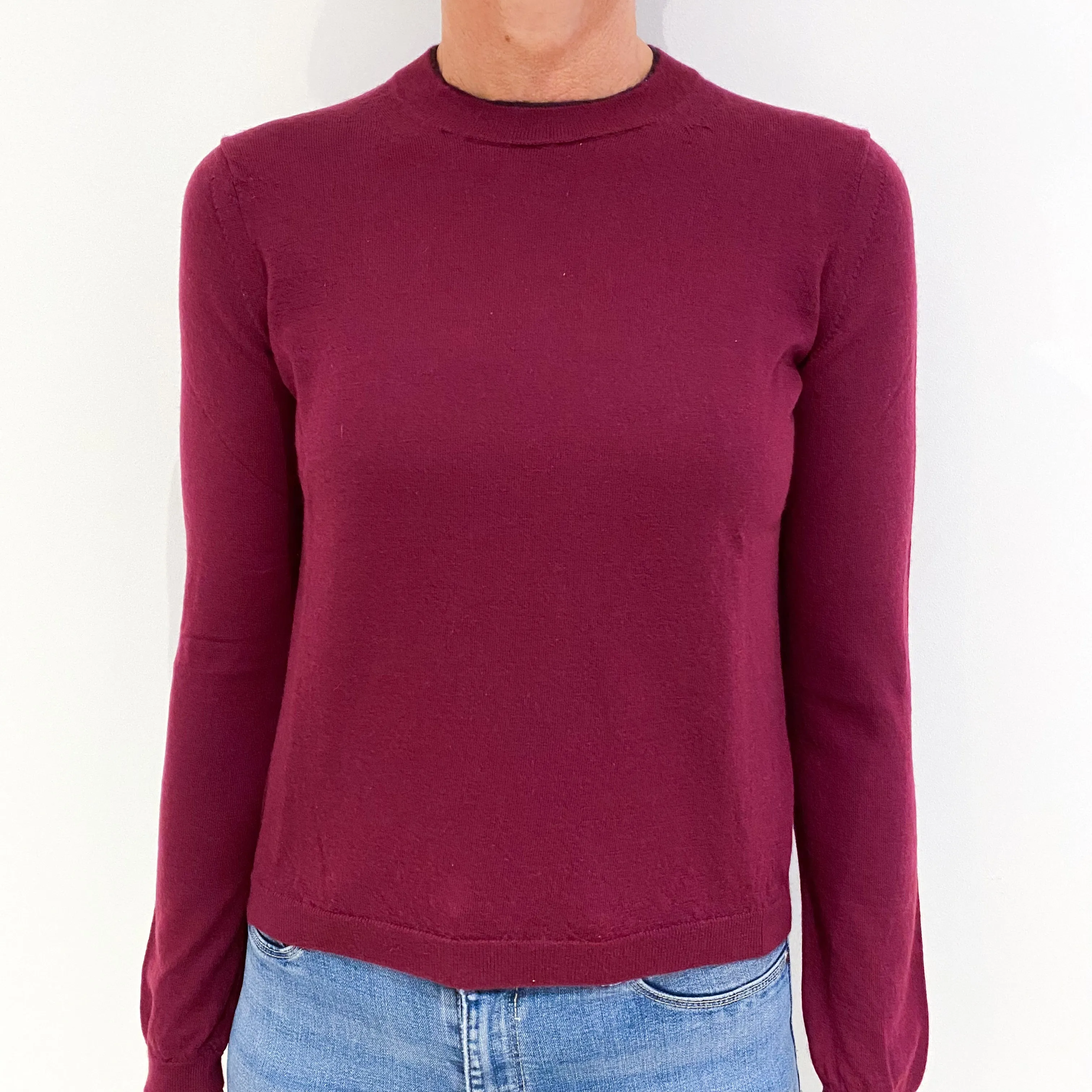 Plum Purple Fine Knit Cashmere Crew Neck Jumper Small