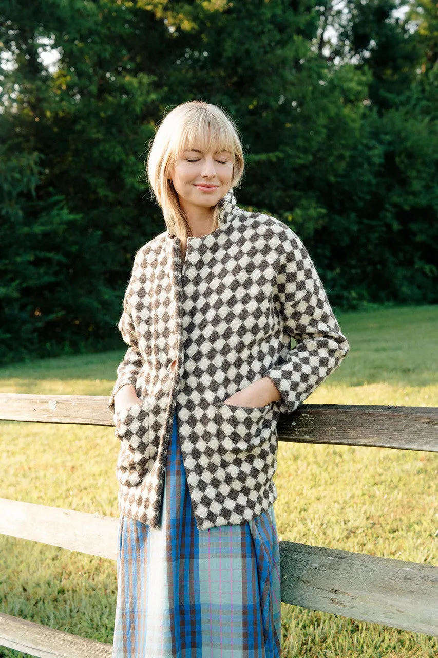 Portuguese Wool Pieper Coat in Brown and Cream Check - M Sample