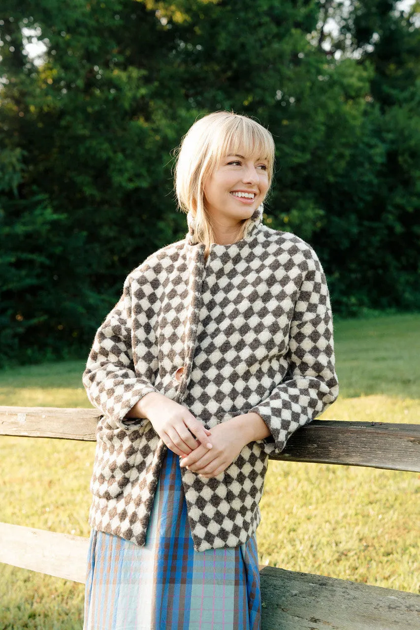Portuguese Wool Pieper Coat in Brown and Cream Check - M Sample