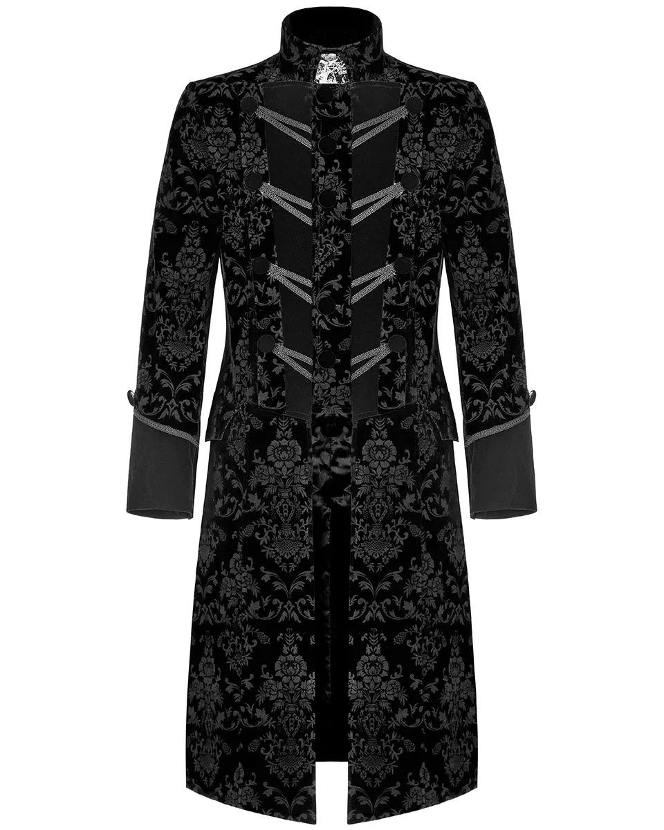 Punk Rave Mens Dark Gothic Aristocrat Coat - Black Damask Velvet