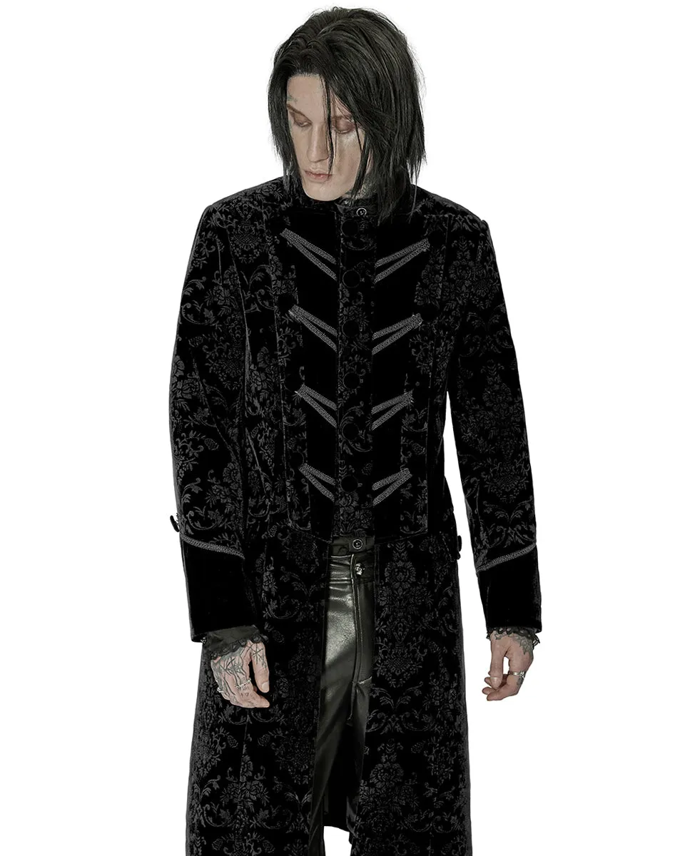 Punk Rave Mens Dark Gothic Aristocrat Coat - Black Damask Velvet