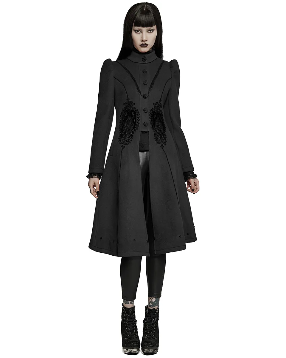 Punk Rave Womens Gothic Lace Applique Velvet Maxi Coat