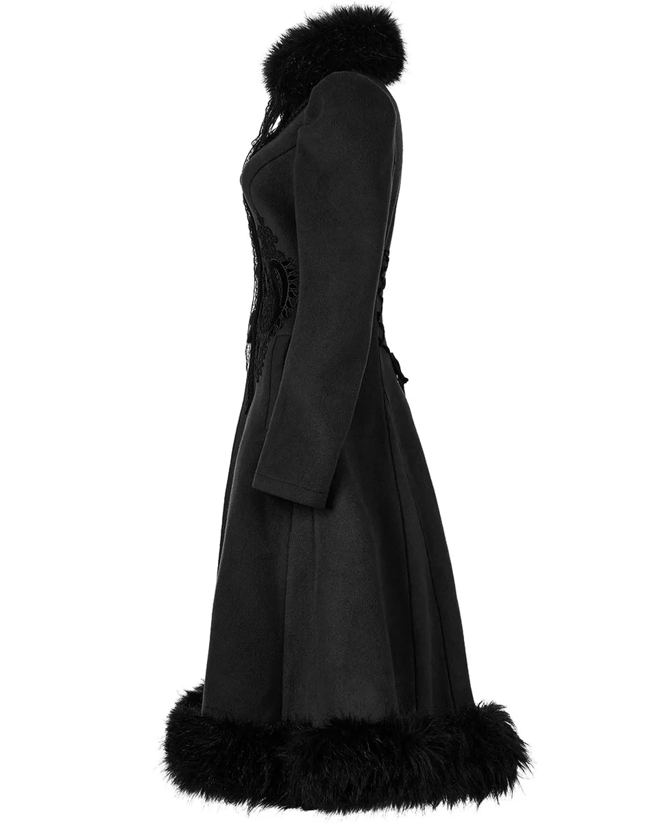 Punk Rave Womens Gothic Lace Applique Velvet Maxi Coat